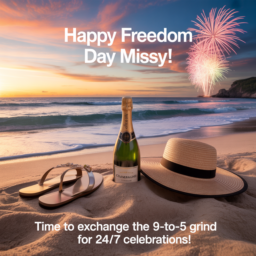 At the top of the image, "Happy Freedom Day Missy!"

At the bottom of the image, "Time to exchange the 9-to-5 grind for 24/7 celebrations!"

- In the center of the image, capture a stunningly photorealistic beach scene at sunset. The golden sands are adorned with a pair of elegant flip-flops and a wide-brimmed straw hat resting beside a perfectly chilled, half-opened bottle of champagne nestled in the sand. The backdrop features gentle waves kissing the shore, and in the distance, a vibrant fireworks display lights up the sky in a joyful array of colors, hinting at a celebratory gift waiting inside.
Generated with these themes: Reading, Sleep, and .
Made with ❤️ by AI.