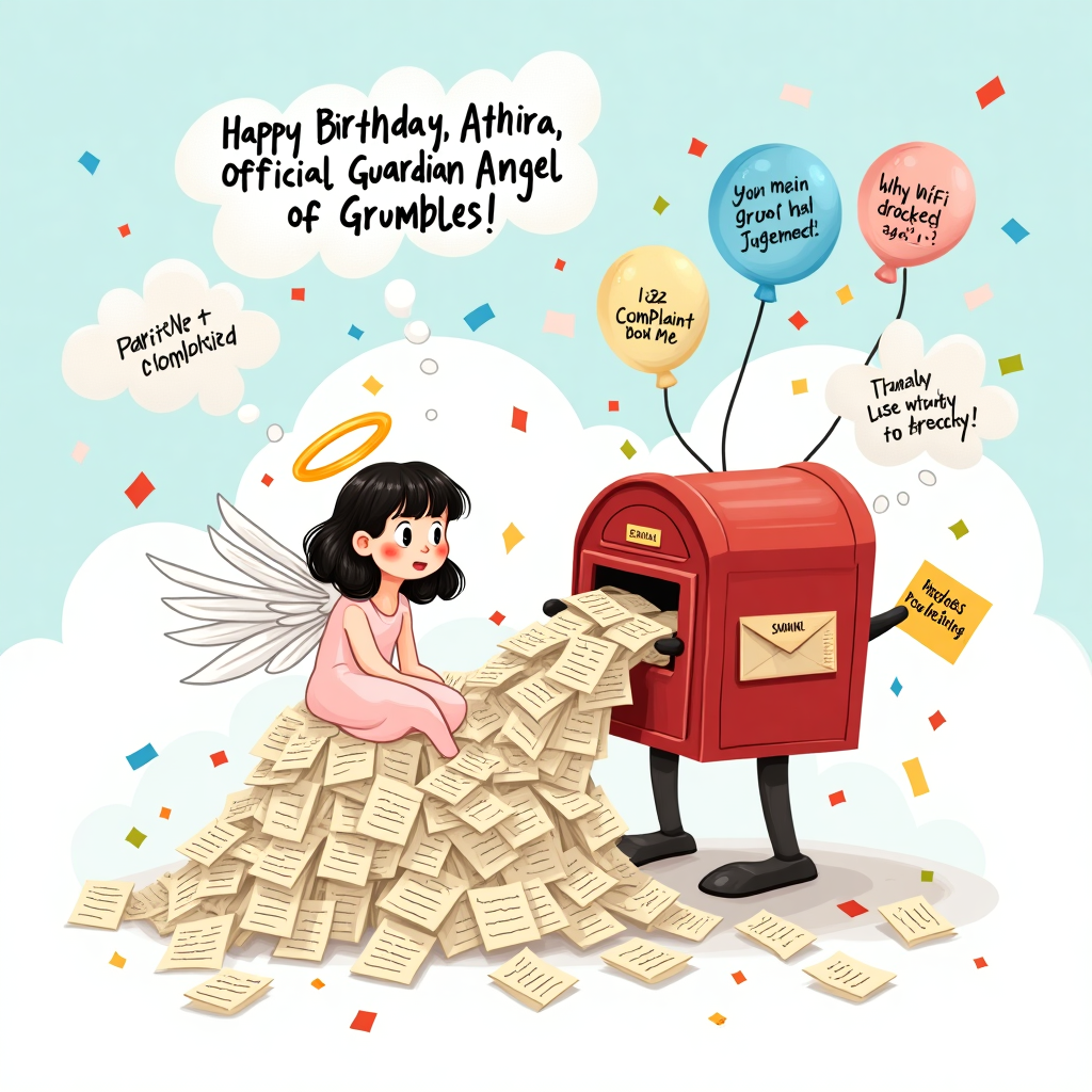 **Prompt for AI Illustration Generation:**

At the top of the illustration image: *"Happy Birthday, Athira – Official Guardian Angel of Grumbles!"*

Create a colorful and whimsical illustrated image in a funny style. The scene shows two main characters:

1. A sweet-looking, sparkly, slightly frazzled "Smiliest Angel" (representing Athira), wearing an oversized golden halo that's a little askew and wing feathers falling out. She's still smiling through the chaos.

2. She's sitting on a fluffy cloud surrounded by a mountain of crumpled complaint letters pouring out of an old-fashioned red postbox with legs, arms, and a permanently grumpy face. The postbox is dramatically throwing more letters at her, with one envelope marked “Complaint #982: Why Is My Cat Judging Me?”

Around them are other clouds shaped like speech bubbles with passive-aggressive complaints:  
– “The WiFi dropped again.”  
– “Why is it raining during my hair appointment?”  
– “This toast is too crunchy.”

Despite it all, the angel just keeps smiling like it’s her divine purpose.

Add bright birthday elements like confetti and balloons struggling to fly amidst the storm of paperwork.

Make the overall color palette joyful, with heavenly whites, angelic golds, postal reds, and chaotic pops of color from the complaints.

Style: Illustration with a humorous cartoonish flair, great for a birthday card that brings giggles and love.
Generated with these themes: Smilest angel and go through person who is like a postbox receiving all complaint letters.
Made with ❤️ by AI.