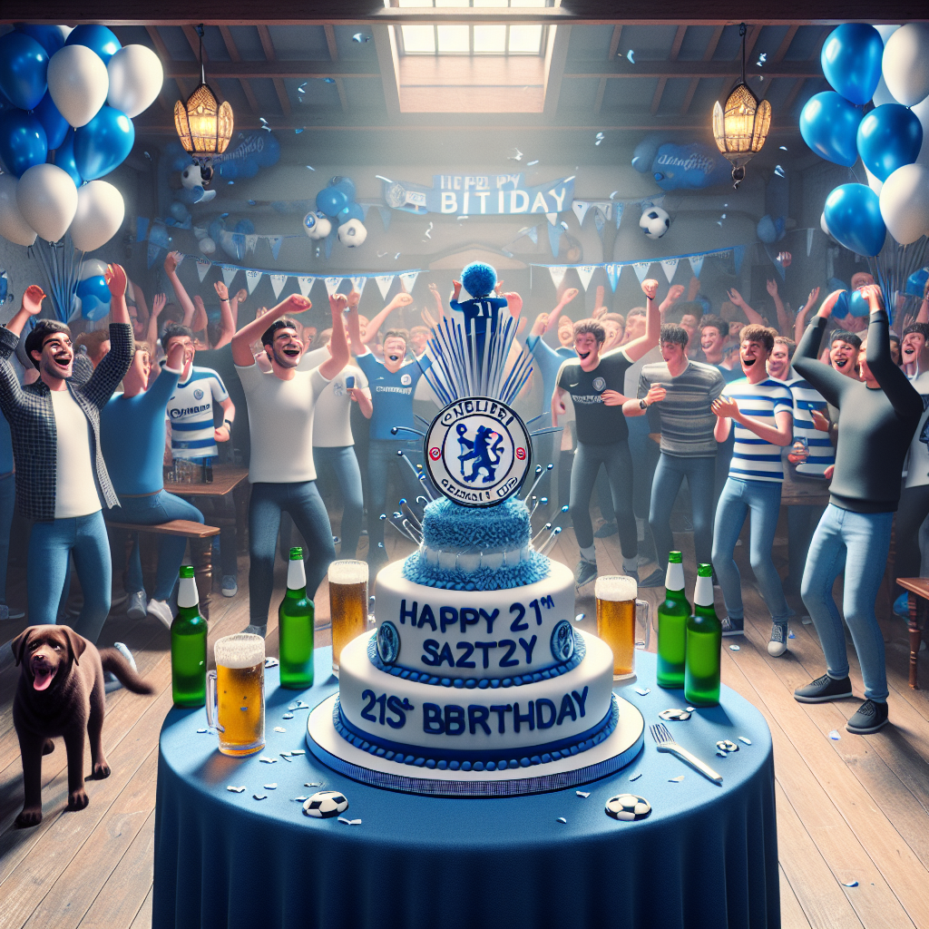 A room filled with joyful energy from a 21st birthday party. The focal point is a meticulously made cake adorned with a well-known soccer team insignia, symbolized by blue and white. This is displayed on a decorated table. Balloons in the team's signature blue and white color sway overhead of a gathering full of camaraderie, fueled by laughter and fast-paced melodies. A person of Caucasian descent, Sam, is receiving cheers from the crowd while a happy chocolate Labrador wanders among the attendees. The sound of clinking beer bottles and continuous cheering complements the overall festive mood.
Generated with these themes: 21 birthday cake for Sam, FC Chelsea, beer, music, baloons, chockolate labrador, friends, .
Made with ❤️ by AI.