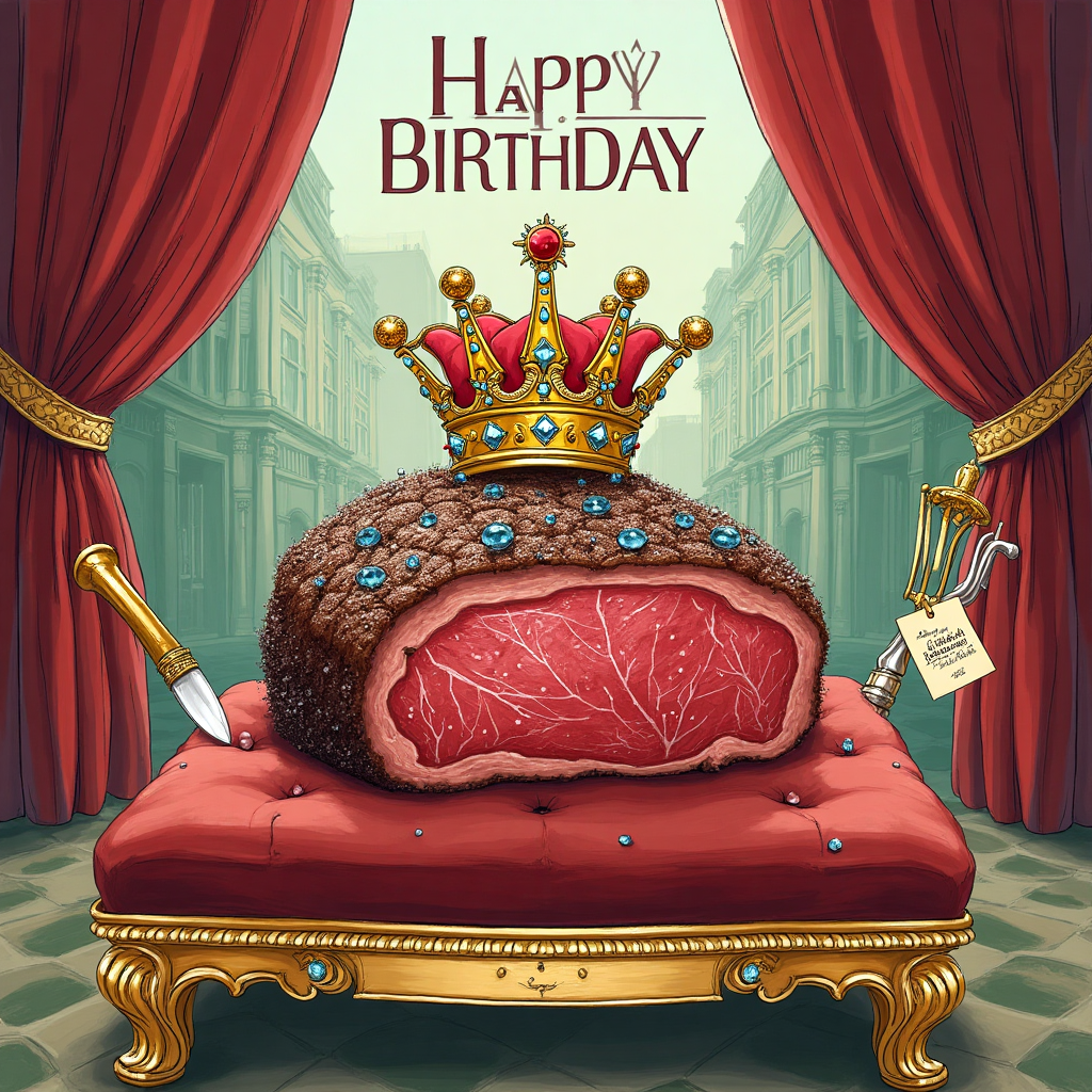 At the top of the Illustration Style image, the text reads: "Happy birthday Henry". 

**Image Description:**

Picture a grand and opulent setting inspired by Harrods. In the center, a lavishly decorated steak sits regally on a plush velvet cushion, adorned with sparkling gemstones and wearing a tiny golden crown. The steak's surface glistens with a dazzling diamond glaze, reflecting the luxury and bling theme. 

In the background, the iconic façade of Harrods is subtly sketched, adding a touch of grandeur. Playful elements like a fork and knife designed as royal scepters flank the steak. A cheeky little tag hangs from the crown with the caption: "For the King of the Grill!" 

The color palette is rich and warm, featuring golds, deep reds, and emerald greens, with fine linework highlighting the intricate details of this humorous yet extravagant birthday celebration.
Generated with these themes: Steak, bling, harrods, and .
Made with ❤️ by AI.