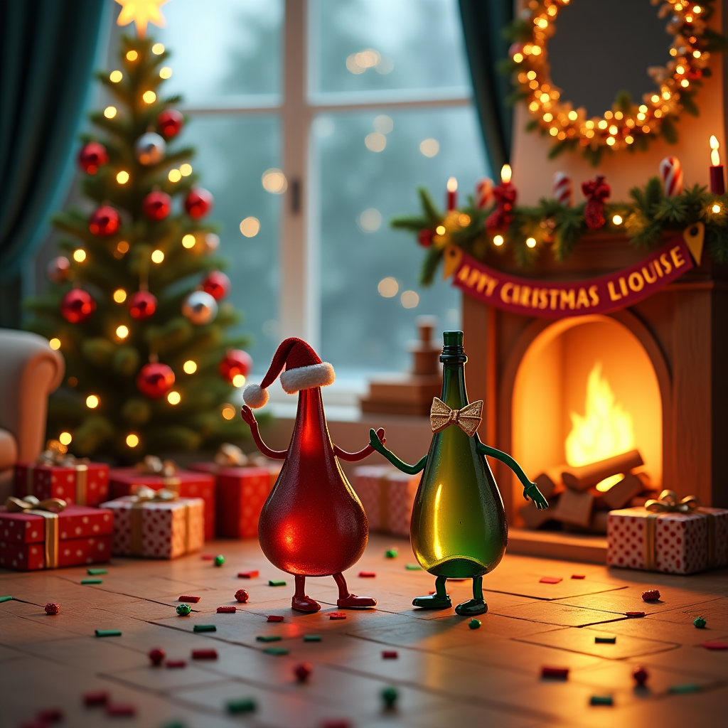 In this delightful and festive scene, we find ourselves amidst a whimsical Christmas celebration set against a cozy living room backdrop. At the center of the scene, a pair of anthropomorphic wine and prosecco bottles are joyfully dancing together on a wooden parquet floor. The wine bottle, wearing a tiny Santa hat, is elegantly swaying to the left, while the prosecco bottle, adorned with a shimmering gold bow tie, twirls gracefully to the right. Their dance floor is dotted with vibrant confetti, adding to the festive atmosphere. To their right, a roaring fireplace crackles warmly, its mantle adorned with twinkling fairy lights and a garland of holly and pinecones. Above the fireplace, a cheerful "Merry Christmas Louise" banner is strung across, with each letter carefully crafted from red and green felt and sparkling with gold glitter. In the background, a majestic Christmas tree towers, resplendent with an array of ornaments—red baubles, silver stars, and candy canes—crowned by a glowing star. Wrapped presents of varying sizes are scattered beneath, each meticulously wrapped in festive paper with matching ribbons. Through a frosted window, soft snowflakes gently fall, completing this enchanting Christmas card scene that invites everyone to join in the joyous celebration.
Generated with these themes: Wine and prosecco bottles dancing, and Merry Christmas Louise banner.
Made with ❤️ by AI.