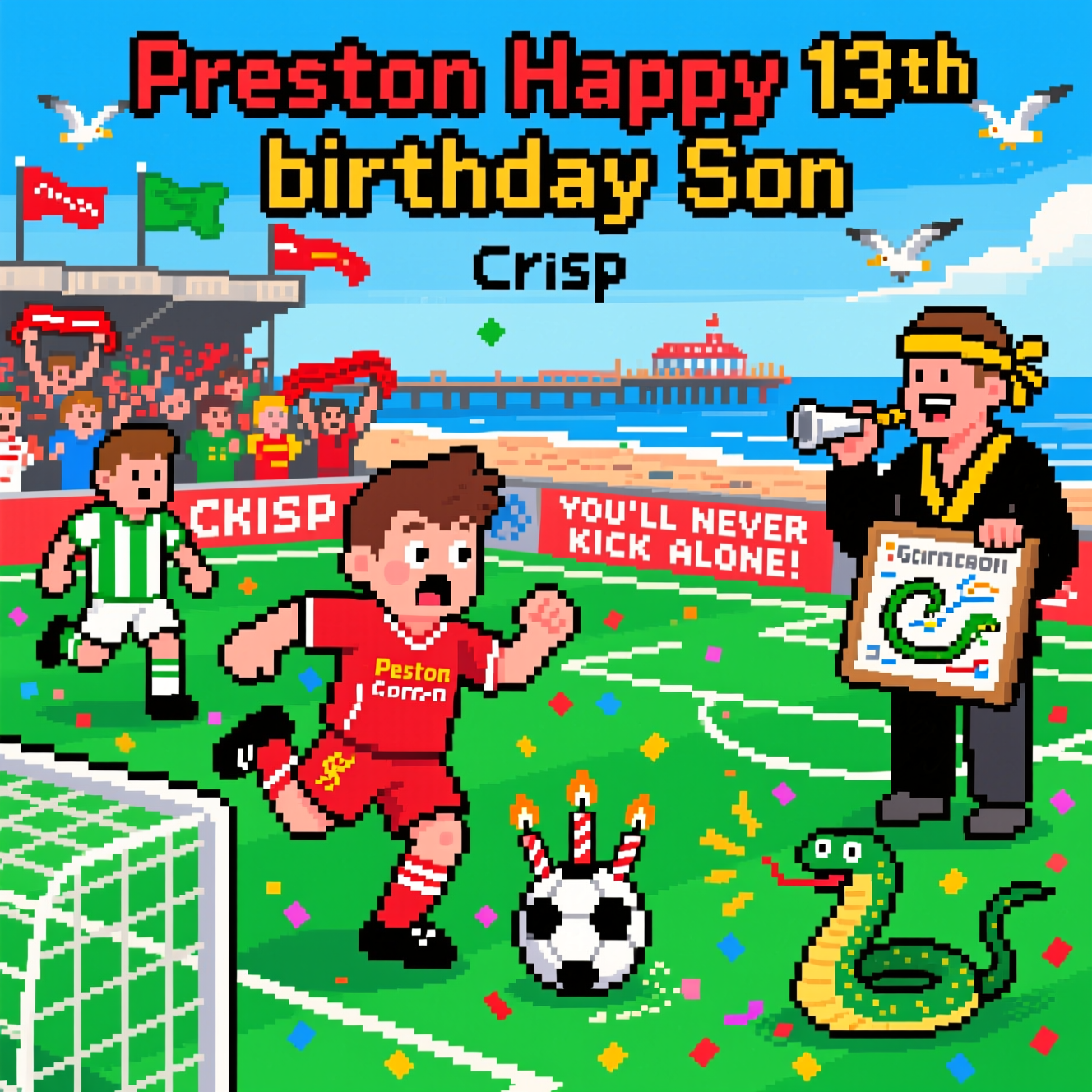 At the top of the Pixel Art Style image, Preston Happy 13th birthday Son

Crisp 8-bit pixel art with a vibrant, limited palette: a funny soccer scene on a bright green pitch. Center stage, a Liverpool-inspired red-kit striker named Preston does a playful karate-style crane kick while dribbling a soccer ball topped with tiny pixel candles shaped 1 and 3. Opponents in Gorleston FC–inspired green-and-white kits comically slip on confetti as the goalie dives the wrong way with a shocked 8-bit face.

Touchline gag: a grinning pixel cobra in a black-and-yellow karate gi and headband (Cobra Kai-style) acts as the over-the-top coach, blowing a whistle and holding a tactics board with a goofy snake play diagram.

Packed stadium crowd waving red scarves and green flags; distant seaside hints (blue sky, gulls, a little pier) nod to Gorleston-on-Sea. Add one small banner in chunky pixel font that reads: YOU’LL NEVER KICK ALONE!

Chunky square pixels, bold black outlines, 2–3 tones per color, minimal dithering, visible pixel grid; big, central characters, confetti bursts and sparkles for a cheeky, celebratory birthday vibe.
Generated with these themes: Soccer, Liverpool, cobra Kai, Gorleston fc, and .
Made with ❤️ by AI.