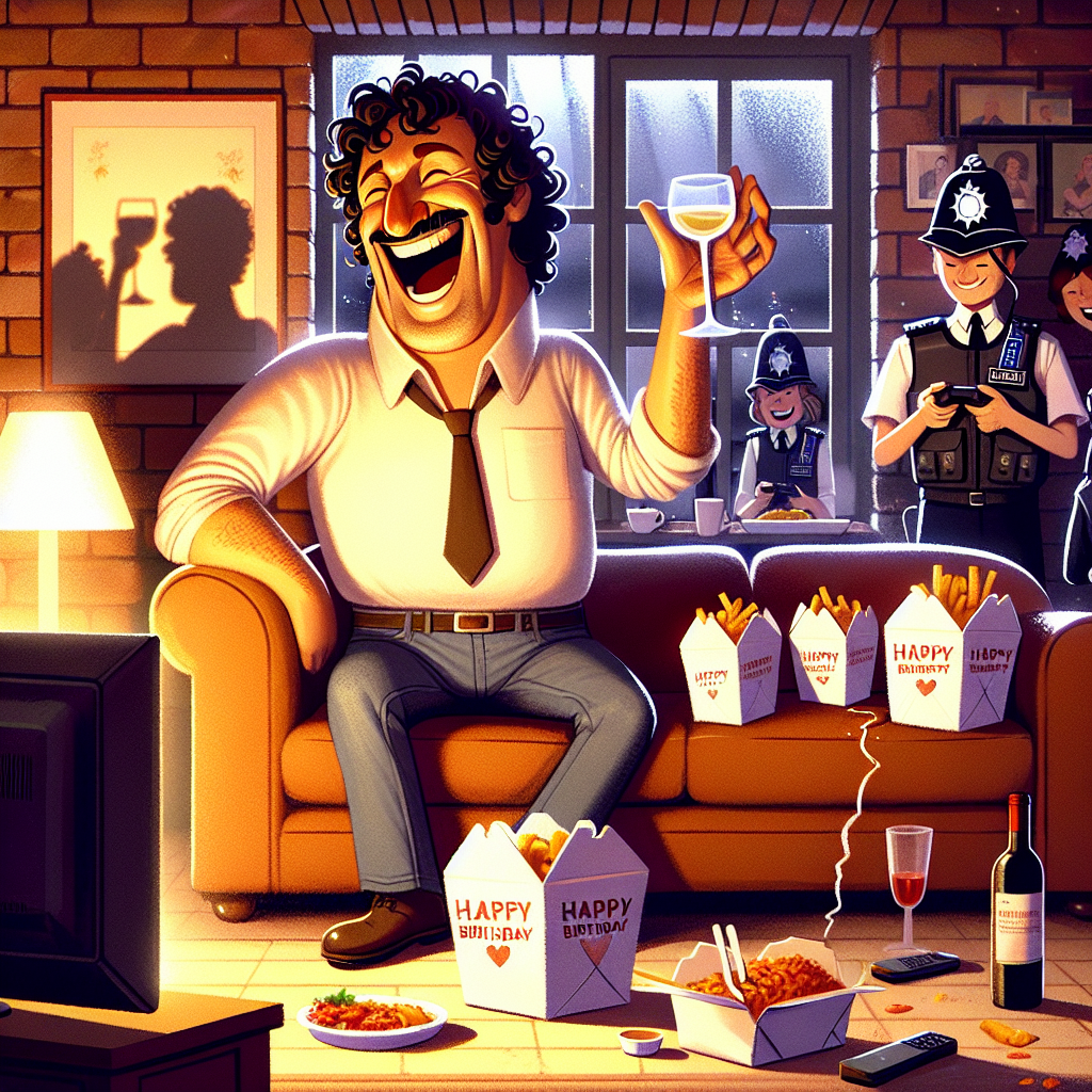 Imagine a whimsical birthday illustration showcasing a warm indoor setting. In the spotlight, an animated male figure with a strong build, curly hair and a humorous expression giggles, holding a glass of wine, reminiscent of a scene from a well-known comedy. Around him, cartoon characters designed as police officers feast on takeaway boxes scattered across a sofa, captivated by a murder documentary playing on a television screen. In proximity, a handheld gaming console omits a gentle illumination, on pause on a video game screen, adding to the festive ambience.
Generated with these themes: Wine, Police, Will Ferrell, Takeaway, Murder documentaries, Steam Deck, and Video games.
Made with ❤️ by AI.