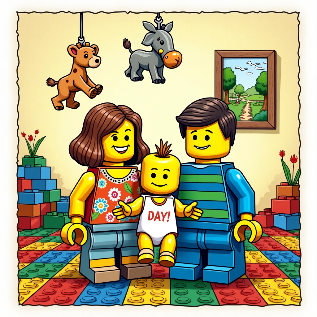 The front cover of this new-baby greeting card features a dynamic, cartoon-style illustration, paying homage to the quirky and bold aesthetics of classic comic artists like Bill Watterson and Osamu Tezuka. 

At the center, a joyful Lego family stands proudly, with exaggerated features and vibrant colors. The Lego characters are designed with the traditional blocky bodies, articulated limbs, and characteristic Lego smiley faces. The "mother" Lego figure is on the left, adorned with a colorful floral-patterned shirt, with brick-like hair pieces styled in a neat bob, made up of glossy, multi-hued plastic bricks. To her right stands the "father" Lego figure, sporting a blue and green striped shirt, with a jaunty hat made of a single brick.

Cradled between them is a new Lego baby, depicted with adorable oversized eyes that mimic the wide-eyed innocence of Astro Boy, and a singular yellow brick as a tuft of hair atop its tiny blockhead. The baby wears a miniature white and pastel-colored onesie made up of smooth, interlocking bricks.

Surrounding this Lego family is a backdrop that captures a playful and whimsical nursery scene. The floor is made of interlocking, multicolored base plates resembling a Lego play mat. Scattered around are oversized Lego blocks in vibrant primary colors—red, blue, yellow, and green—arranged in an artistic jumble.

The background wall features a hand-drawn, retro-style wallpaper pattern of tiny Lego bricks and building tools, evoking a vintage Peanuts or Calvin and Hobbes vibe with its intricate detailing. Hanging on the wall, a cartoonish framed picture shows a stylized scene of a Lego park, with stick-like Lego trees and blocky birds in flight.

Above the Lego family, an illustrated mobile hangs from the top edge of the card, composed of dangling mini Lego animals—a giraffe, an elephant, and a lion—crafted in delightful pastel colors, drawing inspiration from Winsor McCay’s dreamlike attention to detail.

The entire scene is encapsulated within a white border that emulates a comic strip panel, giving it a classic, timeless feel. This border highlights the bold and playful nature of the illustration, much like Gary Larson’s dynamic and unexpected compositions.
Generated with these themes: lego family.
Made with ❤️ by AI.
