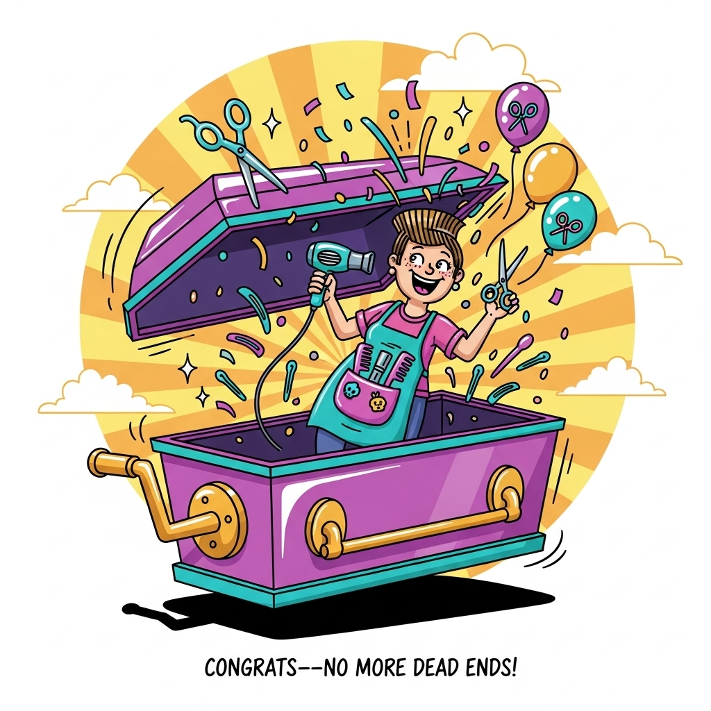 Playful, funny cartoon scene with thick black outlines and bright, saturated colors: Center frame features an oversized, glossy candy-purple coffin with teal trim and a big shiny golden crank on the outside, jack-in-the-box style. The lid is springing open with bouncy motion lines. Inside, a cheerful hairdresser pops up with exaggerated features and gravity-defying hair, wearing a colorful salon apron stuffed with combs and clips, holding a blow-dryer in one hand and scissors in the other. Confetti, sparkles, and bobby pins burst out; balloons shaped like scissors float around. Background: sunny yellow-to-orange radial burst with soft clouds and a playful drop shadow beneath the coffin. Keep the mood whimsical and non-morbid; no gore. Add a small, hand-lettered caption along the bottom, single line: “Congrats—no more dead ends!”
Generated with these themes: .
Made with ❤️ by AI.