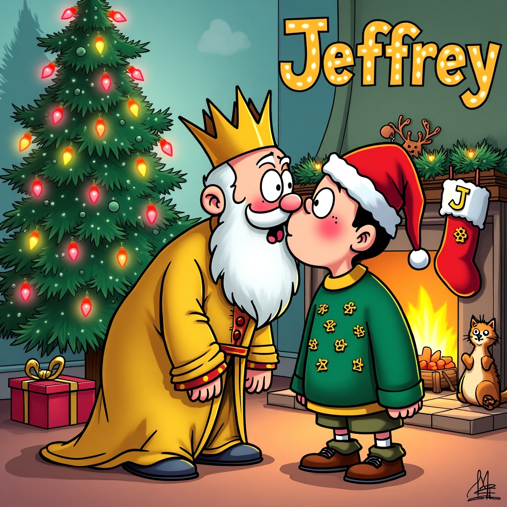Midas kissing Jeffrey under mistletoe Christmas Card