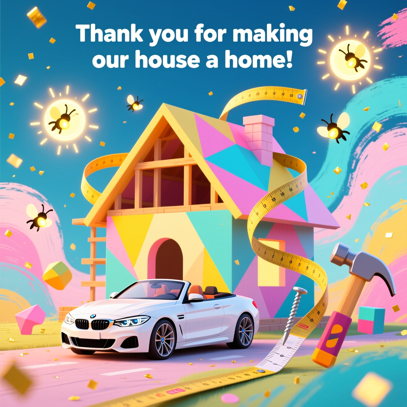 Home design, home construction, fireflies, white BMW convertible, tape measure, hammer and nail, and Thank-you Card