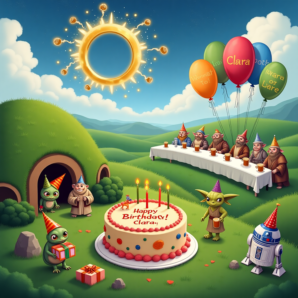 In this delightful birthday card scene, we find ourselves in a whimsical blend of Middle-earth and a galaxy far, far away, set in a picturesque, otherworldly landscape. The scene is dominated by a verdant, rolling Shire-like field, dotted with hobbit holes and inhabited by cheerful hobbits wearing party hats. In the foreground, there's a large, ornately decorated cake in the shape of a Hobbiton hill, with "Happy 50th Birthday, Clara!" carefully piped in frosting on its grassy top, resembling the iconic "Hobbiton" sign.

To the left, a cartoonish Gollum is peering out from behind a rock, wearing a party hat that looks suspiciously like a small Yoda ear. He clutches a present, tied with a ribbon shaped like a light saber, his wide eyes reflecting both excitement and the glow of birthday candles. In the sky, a whimsical mix of clouds forms the silhouette of the One Ring, intertwined with the Death Star, both subtly spelling out "Clara" amidst the cosmic arrangement.

Nearby, a group of Ewoks and hobbits are engaged in a lively dance, their arms interlocked, as R2-D2 rolls along, projecting holographic balloons that display images of Elvish script spelling "Clara". To the right, a long banquet table stretches across the scene, where Gandalf and Yoda are seated at the head, engaged in deep conversation over oversized mugs of root beer. Balloons shaped like Tie Fighters and the Millennium Falcon are tied to the table, and a banner made of elvish script and Star Wars icons stretches across the top of the scene, further wishing Clara a joyous 50th birthday.
Generated with these themes: Lord of the rings, Gollum, Star wars, and 50th birthday.
Made with ❤️ by AI.