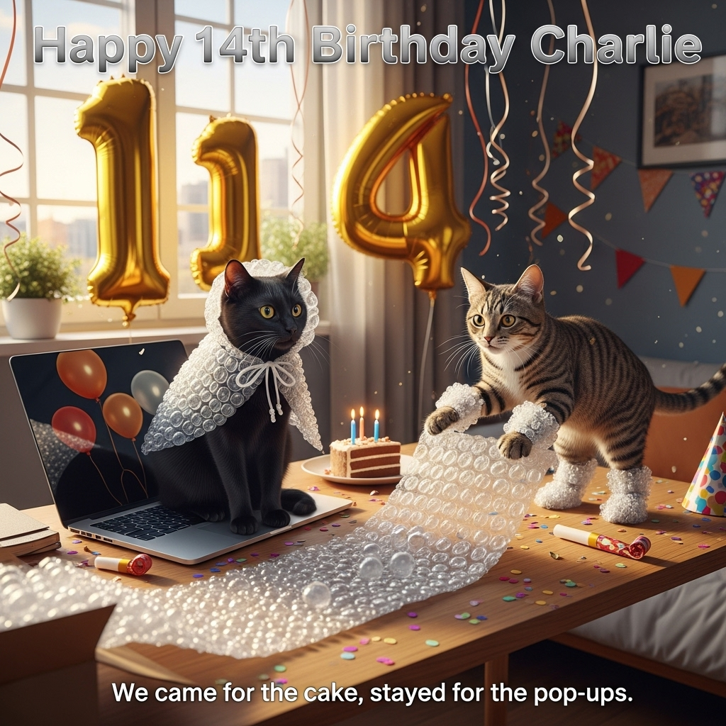 At the top of the Photorealistic picture taken from a camera image, Happy 14th Birthday Charlie

Ultra-high-definition 4K UHD, photorealistic, true-to-life indoor scene: A sunlit bedroom desk set up for a birthday, natural morning light streaming through a window. Center frame: a sleek black cat wearing a bubble-wrap cape sits proudly on an open, logo-free laptop, while a mischievous tabby cat in little bubble-wrap “booties” pounces mid-pop on a long sheet of bubble wrap spilling from an open package. The bubble wrap glitters with crisp specular highlights and visible air pockets; scattered popped bubbles and colorful confetti dot the wooden desk. In the softly blurred background, shiny gold helium balloons shaped like the number 1 and 4 float near hanging streamers and a few party decorations. A small plate with a slice of birthday cake and a party blower sit nearby for extra celebration vibes. The laptop screen shows subtle reflections of the balloons; keys visible beneath the black cat’s paws. Expressions are comedic: tabby wide-eyed at the pop, black cat calmly regal. Accurate lighting and lifelike textures: individual fur strands, whiskers, and the delicate transparency of the bubble wrap rendered in crisp detail. Composition is eye-level and playful; shallow depth of field with creamy bokeh, tack-sharp focus on the cats’ faces. Camera settings: full-frame DSLR, 50mm prime, f/2.8, ISO 200, 1/250s; clean, vibrant color grade.

Render the top text in glossy, bubble-like lettering that subtly nods to bubble wrap, bright but tasteful so it complements the scene.

Add a small, cheeky one-line caption at the bottom: We came for the cake, stayed for the pop-ups.
Generated with these themes: Black cat, Tabby cat, Bubble wrap, 14, Laptop, Happy Birthday , and .
Made with ❤️ by AI.