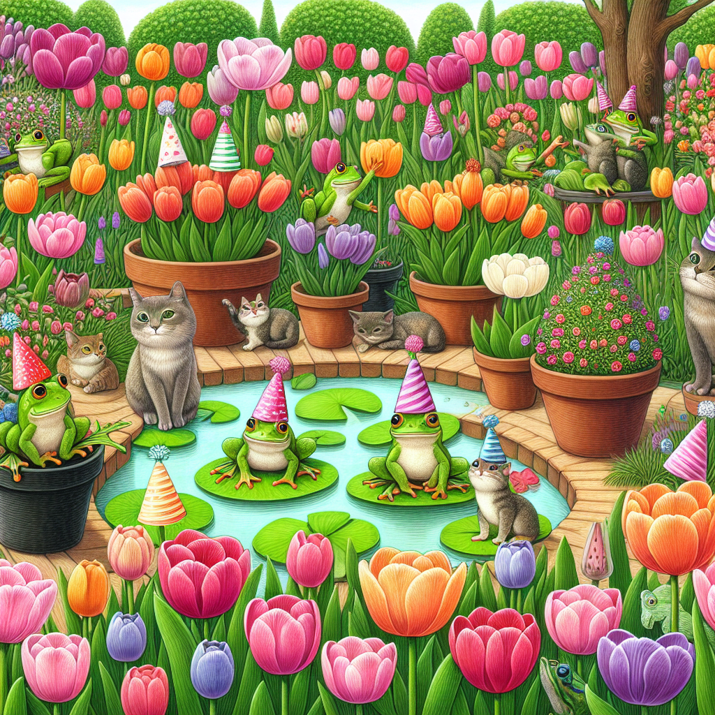 The illustration is a lively garden scene abundant with tulips of all possible shades and hues. Placed aesthetically within this floral panorama are frogs dressed in tiny festive hats, performing a harmonious dance by hopping from one lily pad to another in a comedic style. Scattered throughout the garden, a few Burmese cats, their fur shining under the sunlight, exhibit playful and curious expressions as they move agilely between the visitors. The lush garden, with its natural beauty and vibrant energy, offers a perfect setting for these unique birthday celebrations, creating a charming and humorously realistic ambience.
Generated with these themes: Frogs, Burmese cats, Gardens, and Tulips.
Made with ❤️ by AI.