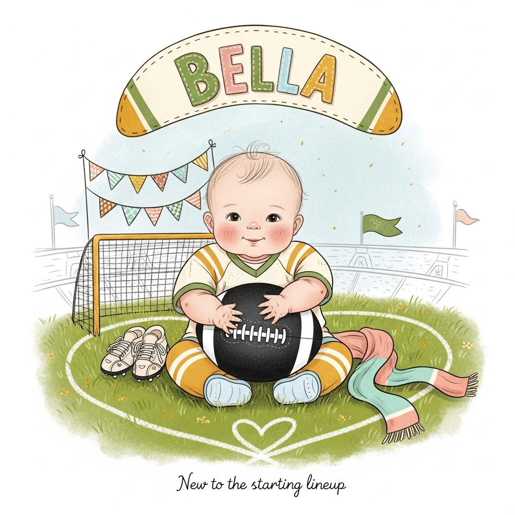 At the top of the Illustration Style image, "BELLA" in playful hand-lettering with a stitched-jersey texture, softly arched like a stadium banner.

A warm, hand-drawn illustration: a super-cute baby in an oversized pastel football jersey sits on soft, mossy-green grass, hugging a plush black-and-white football nearly as big as them. Fine linework defines chubby hands, rosy cheeks, and gentle smiles; textured brush strokes add cozy depth. A tiny goal sits behind with loose netting and pastel pennant bunting fluttering. Baby booties styled like miniature cleats peek out; a soft scarf in mint and peach drapes nearby. White chalk touchlines curve into a heart around the baby. Subtle, sketchy stadium shapes and flags fade into the background to keep focus on the baby. Warm, expressive color palette: cream, blush, warm gold, moss green, and soft sky blue. Paper-grain texture, delicate hatching, and balanced composition. Gentle golden light, soft shadows, ultra-cute mood.

At the bottom of the Illustration Style image, a small caption in a friendly script: "New to the starting lineup"
Generated with these themes: Football , and .
Made with ❤️ by AI.