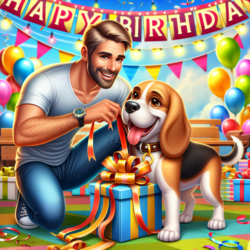 In this cheerful birthday celebration, a well-built, bald, friendly looking animated man kneels next to a gleeful Beagle. The scene is filled with an array of vibrant decorations and sports a banner proudly declaring 'Happy Birthday.' The man, with a soft gaze of affection offers a gift beautifully wrapped in a bow, while the beagle with its tail wagging, playfully tugs at a ribbon.
Generated with these themes: Beagle, and Vin diesel .
Made with ❤️ by AI.
