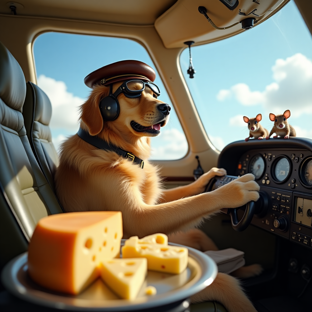 **Image Prompt:**  
A highly realistic, humorously staged photograph of a golden retriever sitting proudly in a small airplane cockpit wearing aviator goggles and a leather pilot's hat. The dog is gripping a wheel of Swiss cheese like a steering yoke with both paws, looking determinedly out the cockpit window. In the copilot seat beside the dog, a messily opened snack platter of assorted cheeses lies scattered, and several tiny mouse passengers (wearing seatbelts!) are seen peeking over their tray tables, looking mildly panicked but oddly sophisticated, some holding cocktail napkins. The interior of the plane resembles a vintage private jet. Through the window, blue sky and puffy clouds drift by. There’s even a tiny oxygen mask hanging off one mouse’s seat, adding a hilarious touch of realism.

**At the top of the realistic photograph image,**  
**"Happy Cheesy Takeoff, Captain Cliffy!"**
Generated with these themes: Dog, Cheese, and Pilot .
Made with ❤️ by AI.