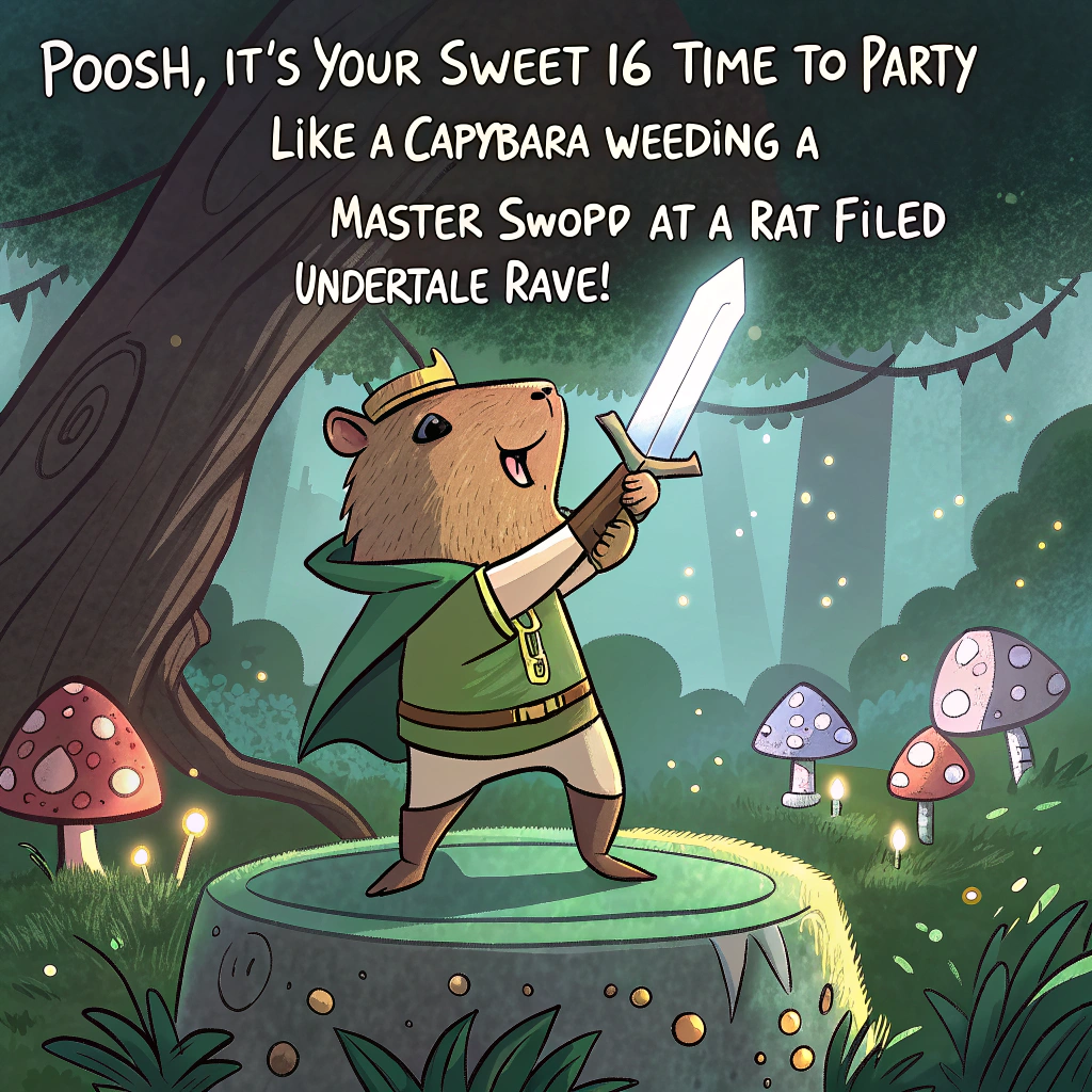 At the top of the image, "Poosh, it's your Sweet 16—time to party like a Capybara wielding a Master Sword at a Rat-filled Undertale rave!"

- The image is a highly realistic photograph-style scene.
- A cool, slightly soggy Capybara stands confidently atop a glowing Triforce pedestal in the middle of a mossy forest, wearing Link’s green tunic and holding the Master Sword with majestic indifference.
- Around the Capybara, a squad of adorable rats wearing tiny party hats dance wildly, blasting pixelated rave lights and confetti.
- Floating in the background, pixel ghosts inspired by Undertale hover with surprised expressions, as one offers a birthday cupcake with a single sparkler candle.
- A worn treasure chest sits nearby, flung open to reveal wrapped birthday presents, glowsticks, and half-eaten cheese wheels.
- A birthday banner, stitched from rupees and glowing bones, hangs from two ancient Deku trees in the background.
- Add sparkly golden 16s subtly hidden in the scene, like secret items for eagle-eyed viewers to spot.
Generated with these themes: Capybara, Undertale, Zelda, Rats, 16th Birthday, and .
Made with ❤️ by AI.