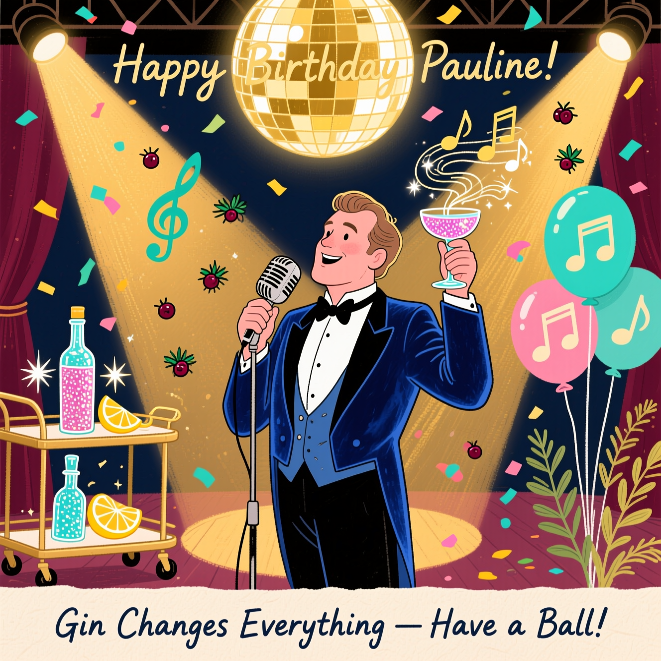 At the top of the Illustration Style image, "Happy Birthday Pauline!"

At the bottom of the image, "Gin Changes Everything — Have a Ball!"

- In the center, illustrate a hand-drawn, fine-line caricature of Michael Ball mid-belt on a warm, West End-style stage: midnight-blue velvet tux, loosened bow tie, one hand gripping a vintage mic, the other raising a coupe of glittering gin that swirls into sparkling musical notes.
- Overhead, a giant disco ball glows like a gin bubble; footlights and golden spotlights bathe the scene. Confetti shaped like juniper berries and treble clefs drifts through the air.
- To the left, a chic bar cart with a crystal bottle of glittery gin, citrus twists, and starry sparkles; to the right, balloons shaped like music notes and botanicals.
- Style: hand-drawn linework, textured brush strokes, soft paper grain; balanced, playful composition; warm, expressive palette of golds, rosy blush, teal-aqua gin tones, deep burgundy, and midnight navy.
Generated with these themes: Glitter gin, michael ball, and .
Made with ❤️ by AI.