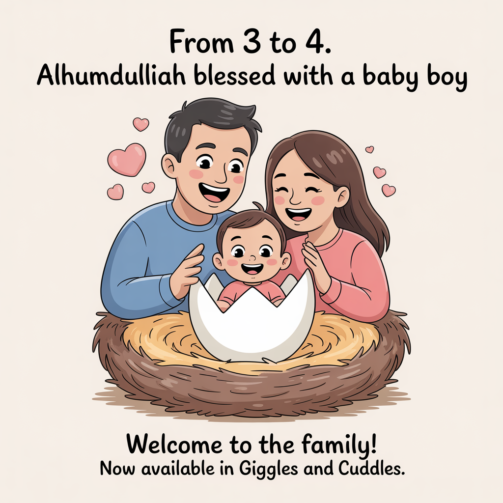 At the top of the image, "From 3 to 4. Alhumdullilah Blessed with a baby boy":

- At the bottom of the image, "Welcome to the family! Now available in giggles and cuddles."

- Illustrate a whimsical and heartwarming scene featuring a cozy family nest. A delighted family of three—a father, mother, and a little one—gathers around a freshly hatched, bright-eyed baby boy nestled in a cute, cartoon-style bird's egg. The baby boy peeks out with a cheeky smile, while the family members express joy and love, with little heart-shaped bubbles floating around them. The colors are soft pastels, creating a warm and inviting atmosphere.
Generated with these themes: Simple 1 liner message, and .
Made with ❤️ by AI.