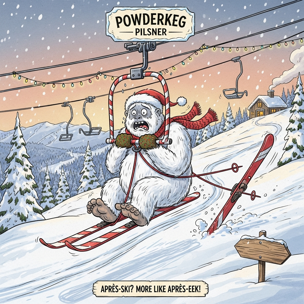 At the top of the Illustration Style image, include the text “Powderkeg Pilsner” inside a frosty vintage beer-label banner.

Hand-drawn, funny Christmas illustration: a towering, fluffy white yeti in a tiny Santa hat and red knitted scarf is being towed uphill by a candy-cane striped T-bar. The yeti clutches the bar with both mittened hands, eyes wide and terrified, mouth in a nervous O, eyebrows arched—pure panic. One ski has popped off mid-ride, flipping through the air with motion lines and a sprinkling of snow; the yeti’s big furry foot is now bare and splayed, toes gripping for dear life. The T-bar cable runs overhead past festive lift towers wrapped in twinkling string lights. Background: a sweeping ski hill dotted with snow-laden spruce trees, faint ski tracks, and a cozy lodge in the distance glowing warm amber with a smoky chimney; soft dusk sky in rosy-gold and icy blue with gentle snowfall. Balanced composition with the yeti slightly off-center, the rogue ski counterbalancing on the opposite side. Fine linework, subtle hatching, and textured brush strokes on the fur and snow; warm, expressive holiday palette of cranberry reds, spruce greens, golden ambers, and cool winter blues; soft paper grain and a delicate vignette for a polished, print-ready feel. At the bottom, add a small, hand-lettered caption on a wooden trail sign: “Après-ski? More like après-eek!”
Generated with these themes: A yeti being towed by a tbar up a ski hill, one ski falling off, scared expression, Backdrop ski hill , "Powderkeg Pilsner" label on top, and .
Made with ❤️ by AI.