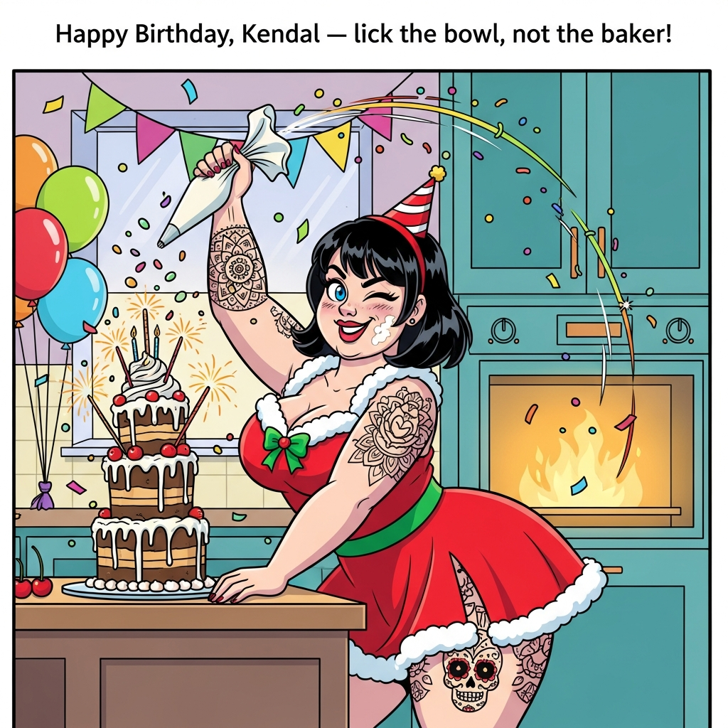 At the top of the Cartoon Style image, "Happy Birthday, Kendal — lick the bowl, not the baker!"

Playful, bold cartoon scene with thick black outlines, bright saturated colors, and exaggerated proportions. Center a cheerful adult chubby, curvy, busty woman with shoulder-length black hair and bright blue eyes, mid-action baking a towering, slightly chaotic birthday cake. She wears a fun retro Christmas dress: red with white faux-fur trim and green accents, candy-cane details, flared skirt with a cheeky slit that reveals a black-ink Day of the Dead sugar-skull tattoo on her thigh. Her raised forearm (squeezing a piping bag) clearly shows an intricate mandala tattoo. She winks with a mischievous smirk, a dusting of flour on her cheek, while glossy frosting swirls and rainbow sprinkles arc through the air. Sassy, energetic pose: one hip popped, leaning over a kitchen island, confident and cheeky but non-nude. Background: a simplified, vibrant kitchen with teal cabinets, warm oven glow, balloons, bunting, confetti, and starburst sparkles; the tall cake sports sparklers and drippy icing. Render in crisp cel-shading, chunky outlines, punchy candy palette (cherry reds, lime greens, sky blues, sunny yellows). Vertical, full-bleed composition with generous headroom for the headline; no other text, logos, or watermarks.
Generated with these themes: Women with shoulder length black hair, cubby, curvy, big boobs, mandala tattoo on forearm, black day of the dead tattoo on thigh. Blue eyes. Wearing Christmas dress, Baking cake, and .
Made with ❤️ by AI.
