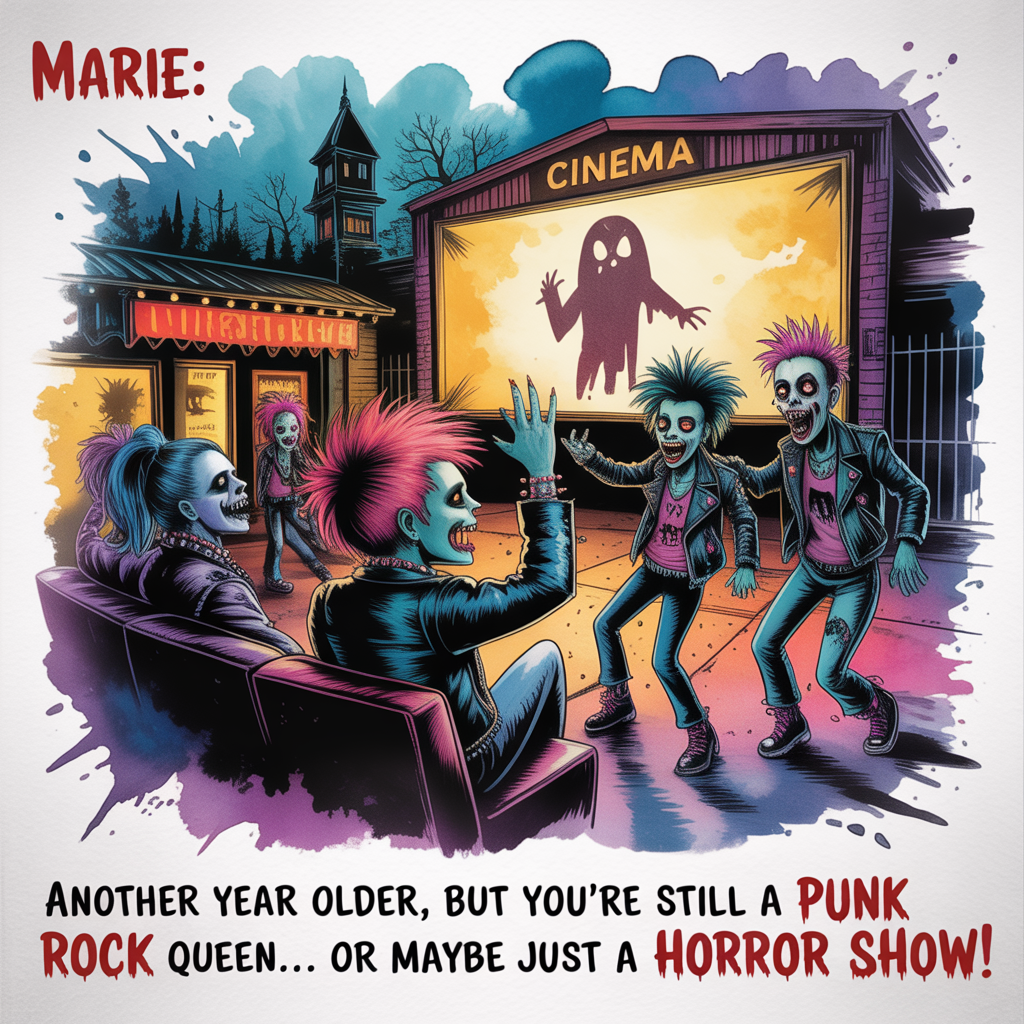 At the top of the image, "Marie:"

At the bottom of the image, "Another year older, but you're still a punk rock queen... or maybe just a horror show!"

- In the center of the image, illustrate a quirky scene featuring punk-themed zombies decked out in leather jackets, wild hairdos, and spiked accessories. They're grooving at a grungy, spooky outdoor cinema, watching a classic horror film on a large screen. The watercolor effect creates an eerie yet fun atmosphere with splashes of vibrant punk colors contrasting with shadowy undertones.
Generated with these themes: Zombies, Horror, Movies, Punk, and .
Made with ❤️ by AI.