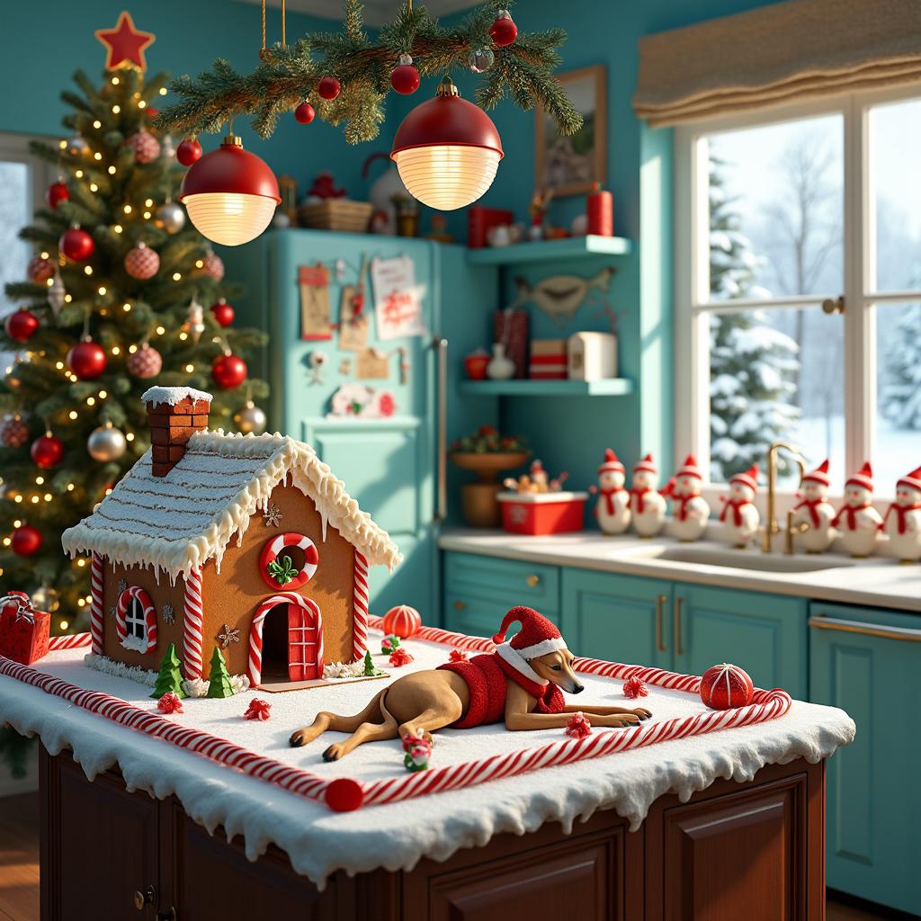 The scene unveils a well-lit kitchen brimming with Christmas cheer. A large gingerbread house sits at the center of the kitchen island, intricately decorated with candy canes, gumdrops, and frosting piped to mimic snow. Amid the sweets, a figurine of a greyhound lays sprawled across an icing-covered courtyard, humorously adorned with a tiny elf hat and a red and white striped scarf. In the corner of the kitchen, a life-size Christmas tree glimmers—its ornaments themed in shades of silver and blue. A set of hand-painted greyhound ornaments stand out, each one showcasing a different, playful pose. On the fridge, a collection of magnets hold up holiday-themed children’s artwork, including a rather amusing drawing of a greyhound pulling Santa’s sleigh. At the windowsill, a series of miniature snowmen wearing houndstooth-patterned hats and mittens stand in a row, overlooking a snowy scene outside where snowflakes continue to fall softly.
Generated with these themes: greyhound.
Made with ❤️ by AI.