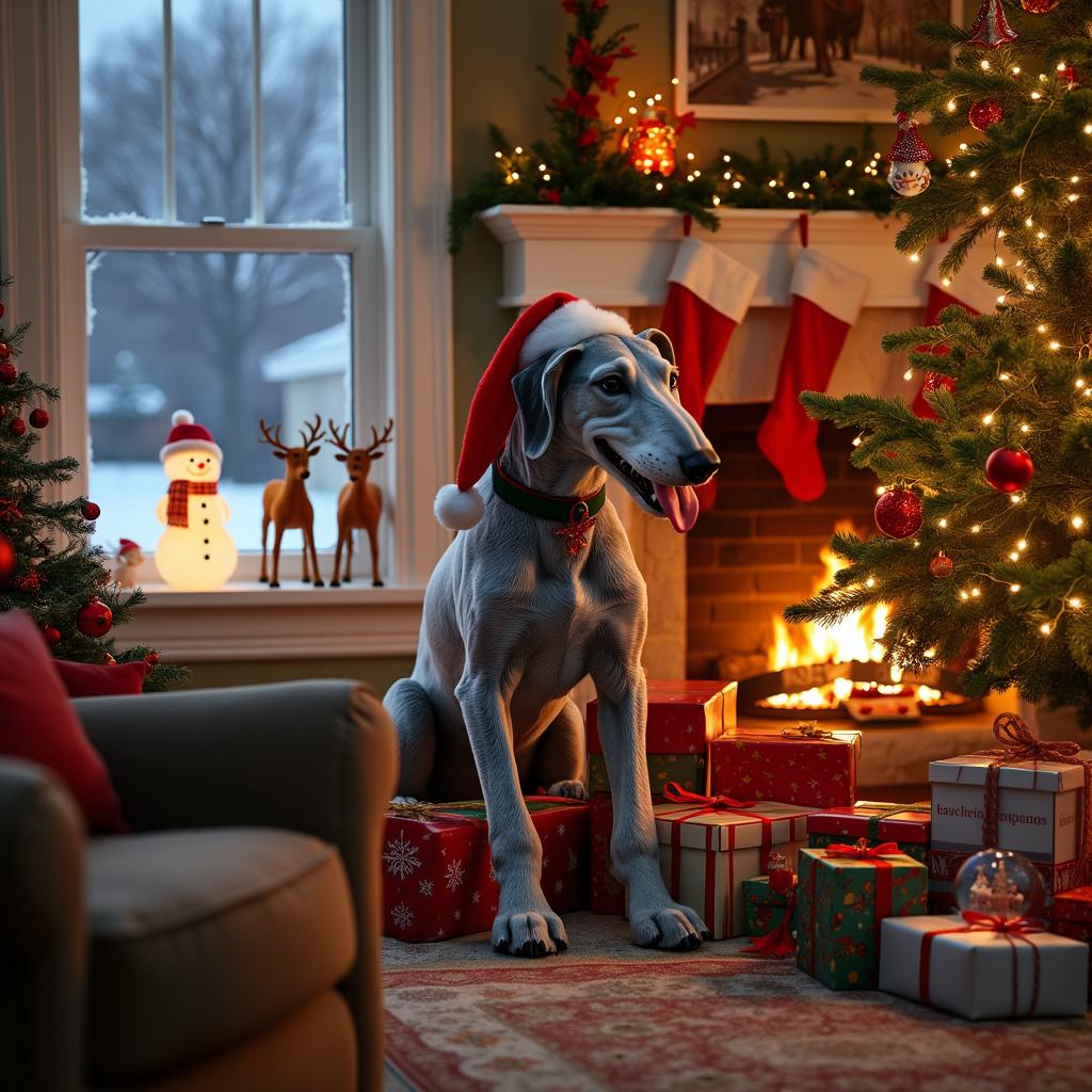 A living room on Christmas morning is bustling with festive decorations and a large, adorned Christmas tree with twinkling lights taking center stage. Gifts are amply piled beneath it, their wrapping paper gleaming under the tree lights. Among the presents, a life-size gray plush greyhound wears a Santa hat with its tongue comically sticking out. It is positioned next to a cozy fireplace where stockings are hung with care, each embroidered with family members' names. The mantelpiece is adorned with holly and a string of small, warm-yellow LED lights. A snow globe rests near the edge, showcasing a miniature Santa in a sleigh. Out the window, a snow-covered landscape sets the wintry mood, while a family of realistic looking reindeer lawn ornaments grazes on the front lawn visible to those inside. A smiling snowman with an orange carrot nose and a colorful scarf stands by the window from the outside, seemingly peering into the room.
Generated with these themes: greyhound.
Made with ❤️ by AI.