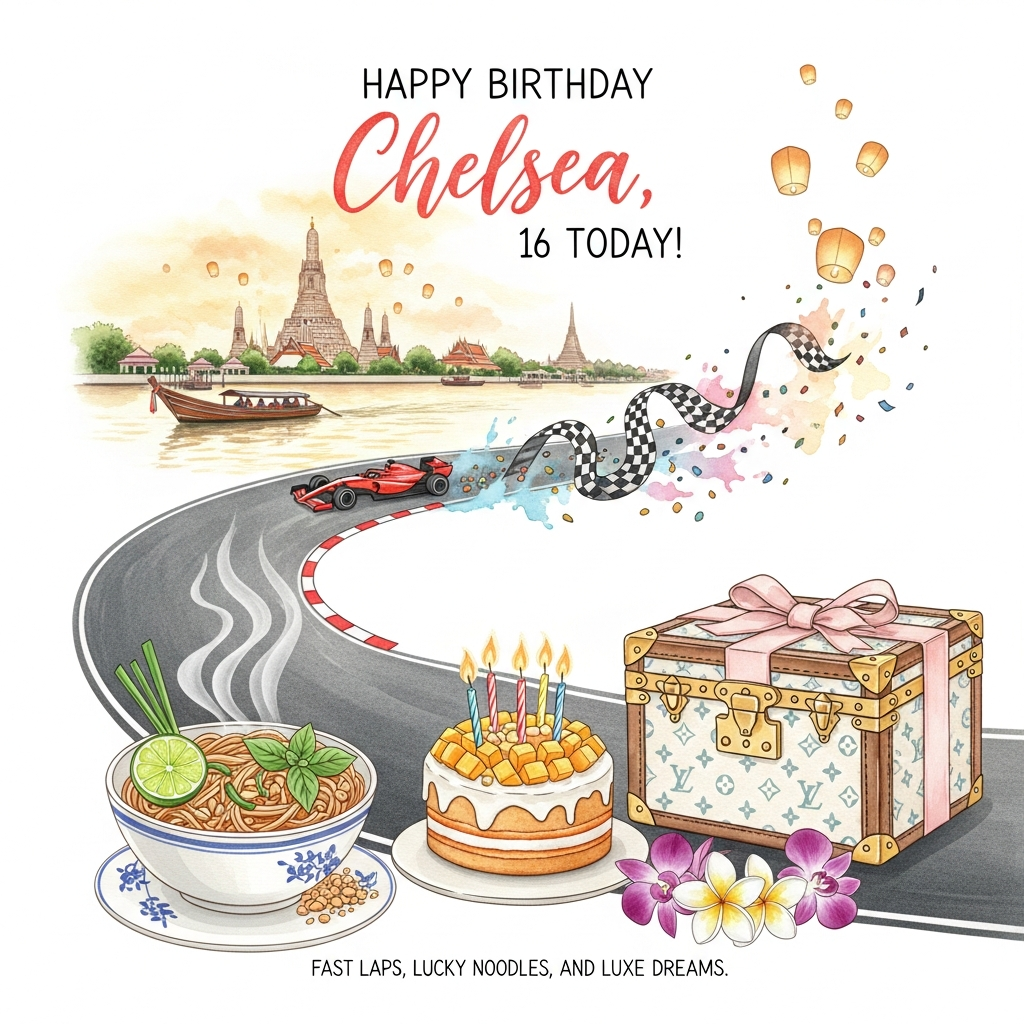 At the top of the Watercolor Style image, write “Happy Birthday Chelsea, 16 today!” in elegant hand-lettered watercolor script, soft coral and gold with gentle pigment blooms.

Create a sincere, airy watercolor scene that blends Thailand’s warmth, racing excitement, luxe celebration, and sweet birthday joy: In the foreground, a delicate white porcelain bowl of steaming Thai noodles (Pad Thai) with a lime wedge, basil, and crushed peanuts; wisps of steam curl upward toward the title. Beside it, a small mango-and-coconut birthday cake crowned with 16 slender glowing candles. To the right, a chic Louis Vuitton monogram gift trunk with pale leather straps and soft gold clasps—render the monogram subtly in watercolor, no hard edges.

A graceful ribbon of racetrack arcs around the cake and bowl, dissolving into watercolor splashes; a tiny crimson Formula One car glides along it, leaving a faint checkered-flag trail that turns into confetti. In the background, a serene Thai river at golden hour with a long-tail boat, floating sky lanterns drifting upward, and the softly silhouetted spires of Wat Arun. Scatter a few white frangipani and purple orchids near the base for a gentle Thai flourish.

Style notes: soft watercolor washes, delicate gradients, subtle wet-on-wet blooms, and visible natural paper texture; pastel palette of blush, mango, saffron, jade, and ultramarine; keep lines loose and minimal, no harsh outlines; luminous, heartfelt, and celebratory atmosphere.

At the bottom in a small, hand-lettered caption, add: “Fast laps, lucky noodles, and luxe dreams.”
Generated with these themes: Thailand, Noodles, Louis vuitton, Formula one, Cake, and .
Made with ❤️ by AI.