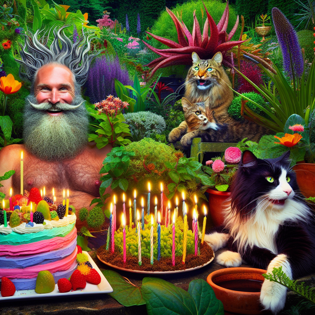 Create an image highlighting a feel-good birthday setting in a lush garden thriving with vibrant foliage and plants. Central to the image are two men: One is joyous and bald with a unique beard, and the other has cascading black hair and a robust beard. They have the company of two cats; a majestic black and white one lying pretentiously and a lively tabby frolicking amidst the plants. The celebratory ambiance is heightened by an assortment of appetizing cakes decorated with colorful frosting and glowing candles that infuse a festive shimmer to the garden fiesta.
Generated with these themes: Bald man with a beard , Man with long black hair and a beard , A black and white cat, A tabby cat, A garden full of plants , and Lots of cake .
Made with ❤️ by AI.