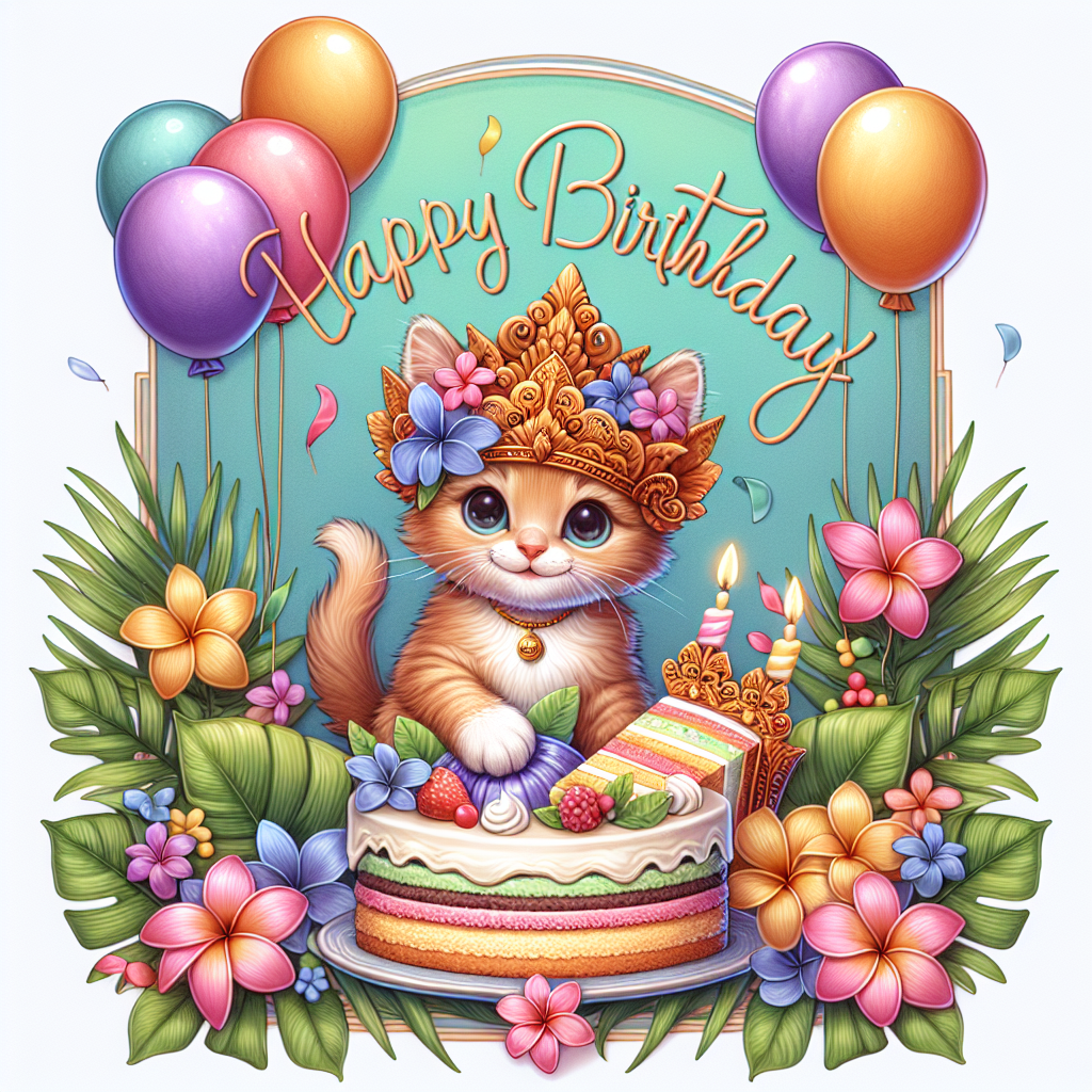 A whimsical Balinese Birthday Card, featuring a playful kitten wearing a traditional udeng headband amidst colorful balloons and a slice of layered cake. Palm leaves and frangipani flowers frame the scene, with 'Happy Birthday' written in elegant script above.
Generated with these themes: Balinese Birthday Cards.
Made with ❤️ by AI.