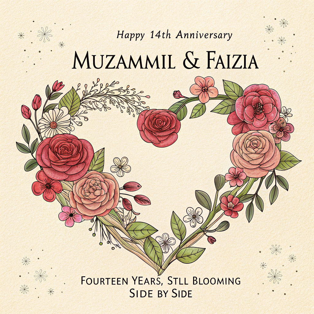 At the top of the Illustration Style image, "Happy 14th anniversary Muzammil & Faizia"

At the bottom of the image, "Fourteen years, still blooming side by side."

- Hand-drawn illustration with fine linework and textured brush strokes on warm ivory paper.
- Centerpiece: a large, balanced heart-shaped wreath woven from intertwined rose stems. Fill it with lush roses in blush pink, deep crimson, and soft coral, accented by delicate sprigs of baby’s breath and tiny wildflowers; leaves in soft sage and olive.
- Subtle gold-ink accents kiss petal edges, leaf veins, and the heart’s contours for a gentle shimmer.
- The headline sits on a soft, flowing ribbon banner along the top, hand-lettered in a warm deep rose with a light gold shadow; the bottom line is a simple, tender script in warm brown, surrounded by drifting rose petals and tiny hand-drawn hearts.
- Background: a faint watercolor wash of blush-to-cream, with barely-there, translucent heart motifs and a gentle vignette that keeps the focus on the wreath.
- Composition is symmetrical and airy, with generous negative space so the text and floral heart feel calm and sincere.
- Overall palette: blush pinks, crimson reds, soft corals, sage greens, creamy ivory, and warm gold accents—warm, expressive, and romantic.
Generated with these themes: Flowers, hearts, roses, and .
Made with ❤️ by AI.