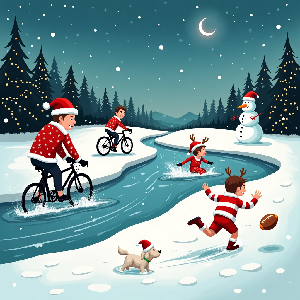 Father on a mountain bike, Young adult on a road bicycle, Mother cold water swimming, Young adult rugby player, and Small white dog Christmas Card