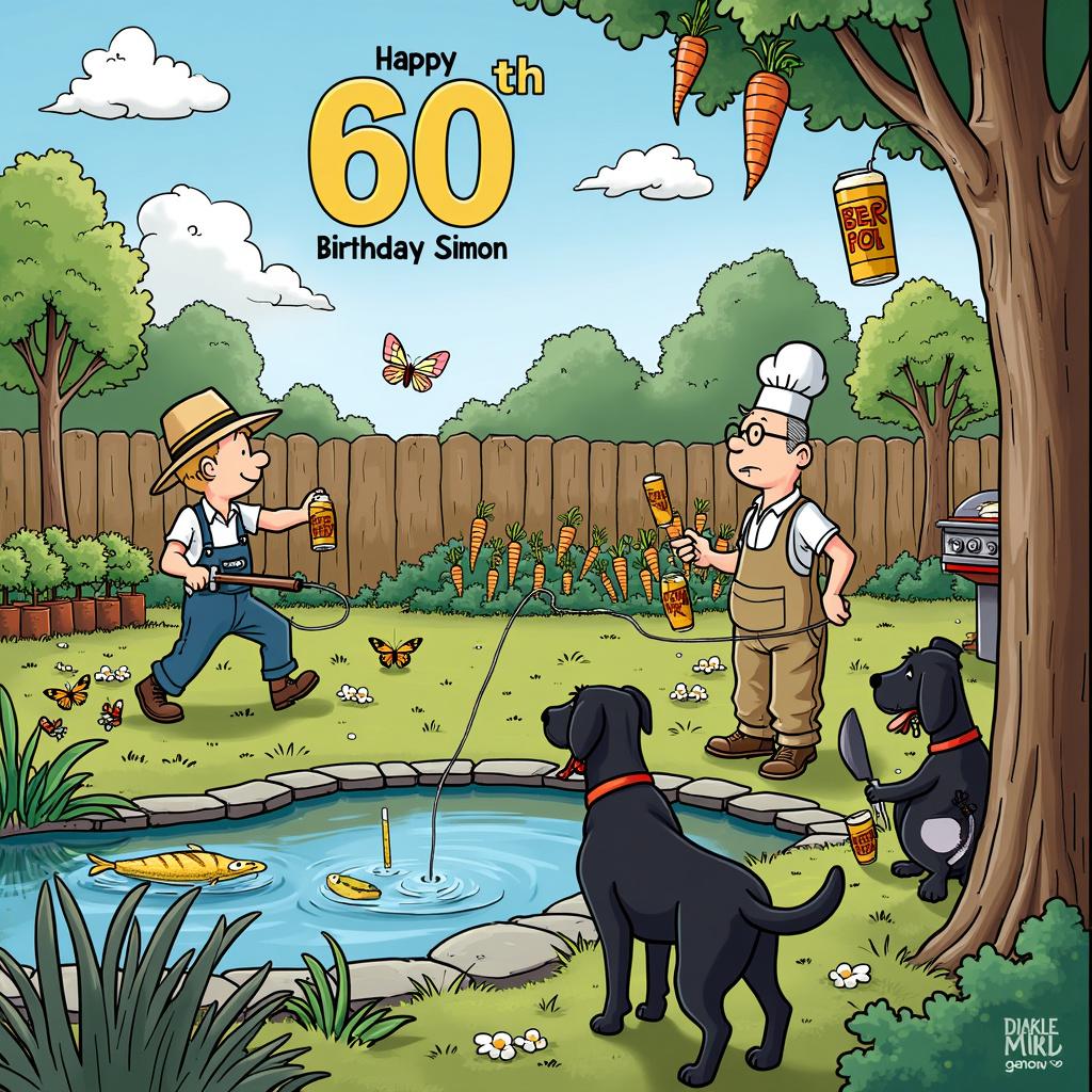 In a vibrant scene celebrating Uncle Simon's 60th birthday, the sky above is a bright blue canvas adorned with fluffy white clouds shaped like cheerful letters that read, "Happy 60th Birthday Uncle Simon." Below, the lush garden setting comes to life with various delightful elements. To the center-left, there is a serene pond featuring a fisherman depicted in the playful style of Charles Schulz, wearing a fishing hat and vest while holding a fishing rod, with a beer can humorously dangling as bait. 

At the bottom-left of the garden, a vegetable patch thrives, where a gardener in the style of Gary Larson, donning a straw hat and overalls, tends lovingly to carrots that amusingly have beer cans sprouting among them. Over to the bottom-right, an outdoor kitchen buzzes with activity as a chef, illustrated in the whimsical style of Bill Watterson, sizzles a giant fish on a BBQ, surrounded by scattered beer bottles that add a festive touch. 

Throughout this lively garden, three black Labradors bring warmth and playfulness, with one chasing a butterfly, another playfully holding a gardening shovel, and the third peacefully snoozing beside the chef. Adding to the charm are two gonks visually inspired by Osamu Tezuka; one wears a fishing cap and sits on a lily pad, while the other, sporting a tiny chef hat, peeks out from behind the BBQ, adding a whimsical flair to the celebration.

This vivid portrayal captures the essence of fishing, beer, gardening, cooking, and the joy of a 60th birthday celebration.  
Made with ❤️ by AI.   
Generated with these themes: Fishing, Beer, Gardening, Cooking, Black Labradors, Gonks, and 60th birthday.