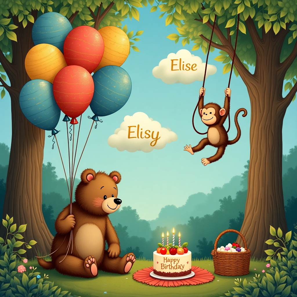 Cuddly bear and monkey holding colourful ballons Birthday Card