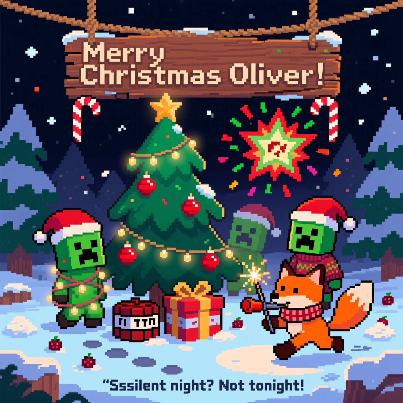 Minecraft, explosions, creepers, fox, and Christmas Card
