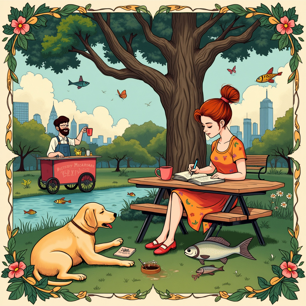 In a vibrant, slightly whimsical urban park in Austin, Texas, the scene is bustling with quirky charm. At the center of the illustration, a young woman sits at a wooden picnic table under a sprawling, gnarled oak tree. She has a playful expression as she scribbles furiously into a vintage leather-bound journal, clearly in the throes of crafting some witty poetry. Her auburn hair is tied up in a messy bun, and she's wearing a quirky, colorful dress adorned with tiny illustrations of fish.

To her left, a loyal Labrador with a golden coat is reclining on its side, snoozing peacefully. One paw is gently resting on a half-eaten fish, and the other is stretching towards a half-empty coffee mug that's tipped over, the dark liquid slowly seeping into the grass. The dog’s tongue is lolling out in contentment.

A coffee cart on wheels, reminiscent of Austin’s eclectic food trucks, is stationed nearby. It’s manned by a hipster barista with a bushy beard and suspenders, handing a steaming cup of coffee to a customer with a friendly smile. The cart itself is painted in vibrant colors and decorated with hand-drawn doodles of Labradors and fish.

In the background, a few iconic Austin landmarks are sketched out, including the Texas State Capitol and the Frost Bank Tower, giving a sense of place. Nearby, a pond shimmers, reflecting the bright Texas sun, with a few more fish visibly swimming near the surface.

To the right, another Labrador is seen enthusiastically chasing a butterfly, adding a dynamic element to the otherwise tranquil scene. A wrought-iron bench sits under the tree, and a pair of reading glasses and an open book of poetry rest upon it, suggesting that the young woman may have taken a break from her reading to write her own verses.

The entire scene is framed with intricate border illustrations reminiscent of Beardsley's work, featuring twisting vines, hidden creatures, and delicate flowers, adding a touch of elegance and whimsy to the card. The blend of detailed, almost fairy-tale-like elements with modern, lively Austin vibes creates a unique and engaging birthday greeting card cover.
Generated with these themes: Writing Poetry, Labradors, Eating fish, Sleeping, Coffee, Austin, Texas, and Young woman.
Made with ❤️ by AI.