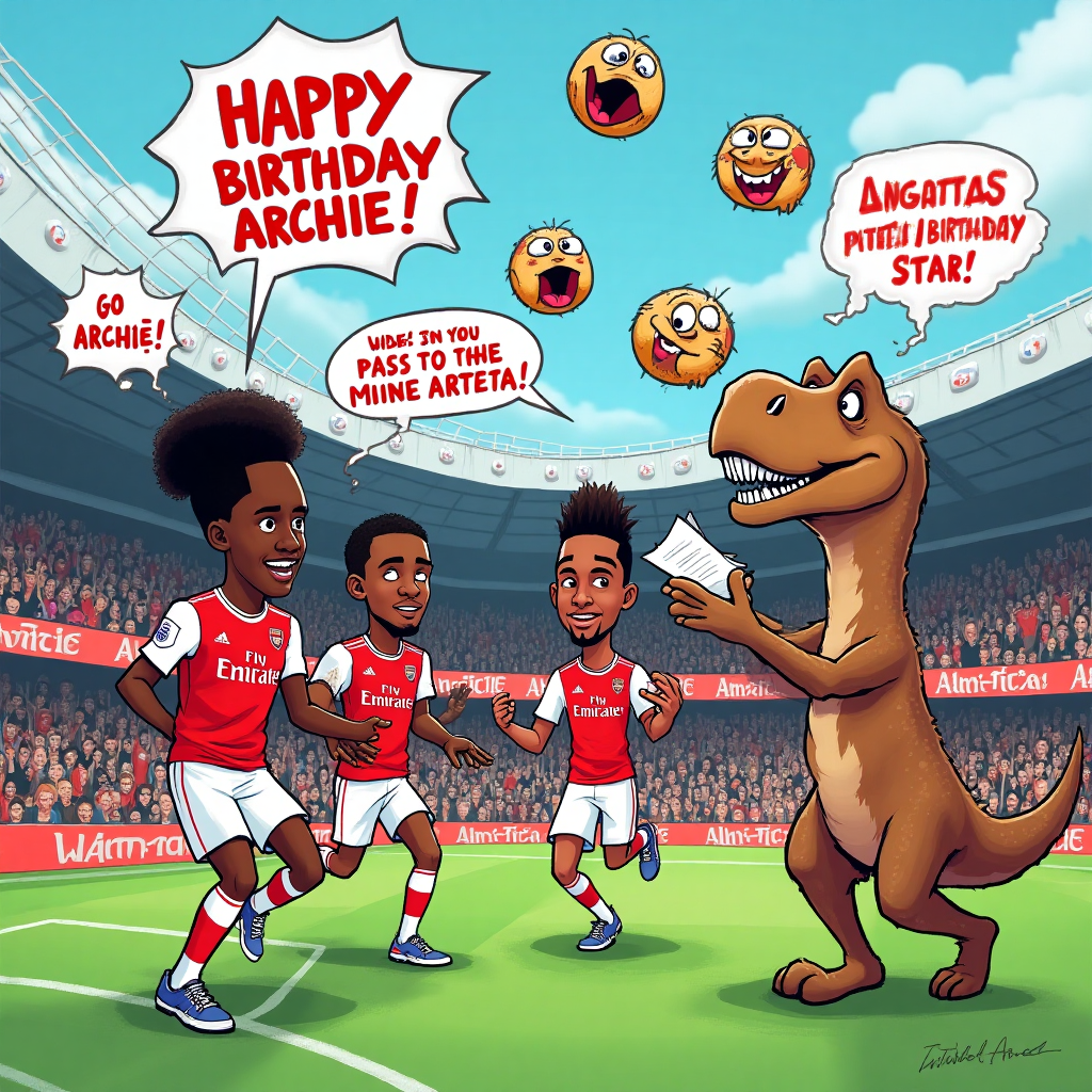 At the top of the Cartoon Style image, "Happy Birthday Archie!"

**Image Description:**

The scene unfolds at the iconic Emirates Stadium, with a whimsical cartoon twist. Bukayo Saka, Thomas Partey, and Declan Rice, drawn with exaggerated features and vibrant Arsenal jerseys, are in the middle of a playful game of football, their expressions filled with exaggerated joy and mischief.

Nearby, Mikel Arteta, with a comically oversized manager's notepad, is enthusiastically shouting out play instructions that are humorously exaggerated in cartoon-style speech bubbles like "Pass to the Birthday Star!" 

Gunnersaurus, the lovable mascot, is juggling footballs with a huge, cheeky grin. Each football features a different expression of surprise and delight as they spin through the air. 

The stadium backdrop is colorful and lively, with cartoonish fans cheering wildly, waving flags and banners that read “Go Archie!”

In the corner, a banner cleverly reads, “Arsenal’s Birthday Gunners Assemble!” adding a touch of cheeky humor to the vibrant birthday scene.
Generated with these themes: Arsenal, Emirates Stadium, Bukayo Saka, Thomas Partey , Mikel Arteta, Declan Rice, Gunnersouras  , and .
Made with ❤️ by AI.