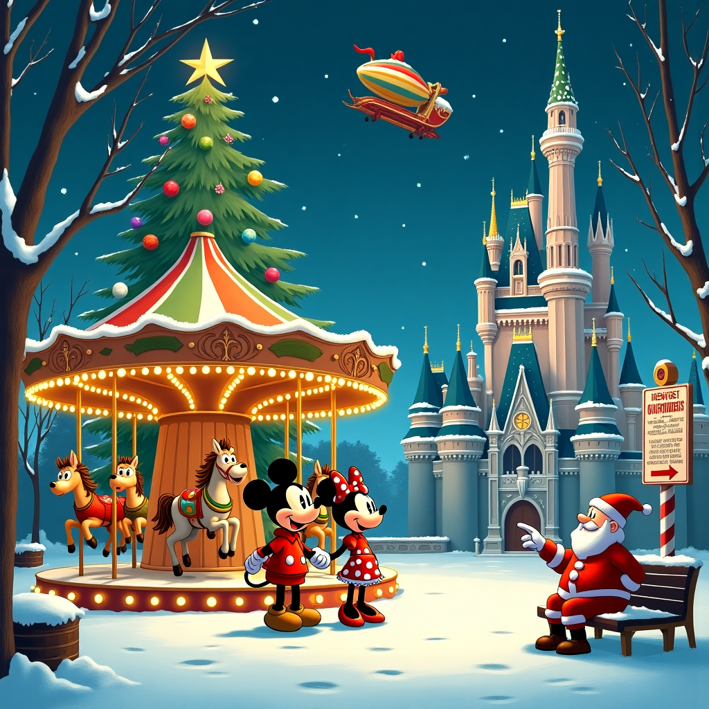 In the heart of a whimsical winter wonderland at Disneyland Paris, a surreal tableau unfolds on a snowy Christmas Eve. The scene centers around an enormous, gleaming carousel that has sprung to life with characters from every corner of Disney's magical universe. However, in a quirky twist, these beloved figures have adopted the stylistic quirks of classic cartoon icons.

Mickey Mouse, wearing a red and green Christmas sweater, resembles a Peanuts character, complete with Schulz's signature dot eyes and round head. He's holding hands with Minnie, who has a distinctly manga flair akin to Osamu Tezuka's work, with exaggerated eyes and dynamic, flowing lines in her polka-dot dress.

Standing by the carousel's vintage horses, Calvin and Hobbes, with their traditional Watterson expressions of awe, peer up at a colossal, twinkling Christmas tree. Its decorations are themed with Disney, sporting miniature figures of the Seven Dwarfs, Elsa, and Simba instead of typical baubles. Hobbes, dressed in a Santa hat, points excitedly at a flying sleigh overhead.

Above them, a Tintin-inspired Donald Duck, clad in an intrepid adventurer’s gear, navigates a candy cane striped dirigible floating through the starry night sky. Snowflakes, drawn with a Larson-like flair for eccentric detail, drift gently down, each flake uniquely designed with tiny scenes depicting Disney fairy tales.

In the corner of the scene, a jolly, plump Santa Claus, as imagined by R. Crumb, is sitting on a bench, exhausted yet cheerful, reading a comic strip newspaper featuring Eisner-esque panels depicting the antics of Goofy in a noir-style Christmas caper.

Finally, towering in the backdrop like a whimsical dreamscape is the Sleeping Beauty Castle, its towers spiraling with Art Spiegelman-like narrative boldness, wrapped in thousands of sparkling lights. A nearby sign points toward "Toontown Paris," an Escher-inspired labyrinthine path leading visitors deeper into the festive chaos.

Every inch of the card teems with detail, a nod to Winsor McCay's intricate dreamscapes, inviting viewers to explore this wonderland of Christmas enchantment and cartoon whimsy, blending the magic of Disneyland Paris with the timeless allure of classic cartoons.
Generated with these themes: Disneyland Paris.
Made with ❤️ by AI.