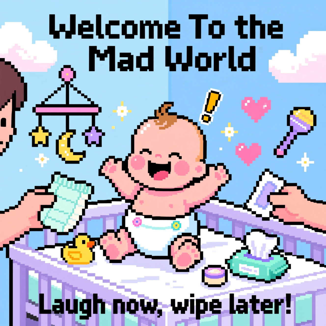 At the top of the Pixel Art Style image, "Welcome To the Mad World"

At the bottom of the image, "Laugh now, wipe later."

- Center scene: a super-cute 8-bit baby on a changing table, laughing with eyes squinted, chubby rosy cheeks, tiny tuft of hair, arms thrown up, and little feet kicking.
- The baby wears a big, puffy white nappy with pastel safety pins; a tiny pixel exclamation mark hovers above it to hint at a change, but keep everything covered and wholesome.
- From the left, a pixelated parent hand holds a fresh nappy; from the right, another hand holds a wipe. A small open wipes pack and baby powder sit on the table as chunky-pixel props.
- Add playful 8-bit nursery details: hanging mobile with stars and moons, rubber duck and rattle, floating heart icons, and sparkly pixel glints.
- Style: crisp 8-bit pixel art with chunky square pixels, bold black outlines, limited vibrant palette (baby blue, pastel pink, mint, lemon, lavender, white).
- Keep backgrounds simple: soft pastel wall with pixel clouds; no gradients, minimal dithering.
- Use a bold pixel font for the text with a dark outline and subtle drop shadow for readability; no extra text elsewhere.
Generated with these themes:  cute baby picture , Laughing , Nappy change , and .
Made with ❤️ by AI.