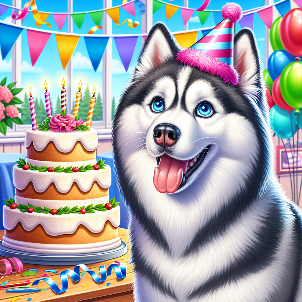 Create an image in a cartoon style showcasing a delightful birthday setting. The main focus is an adult Siberian Husky with a lush grey and white coat. Its bright blue eyes gleam with excitement in response to the surrounding festivities. The dog sports a playful party hat, adding to the festive ambiance. In the backdrop, lively streamers and birthday banners sway in an imagined breeze, forming an exciting frame for this joyful scene. A grand cake stands at the ready, signifying the imminent celebration.
.
Made with ❤️ by AI.