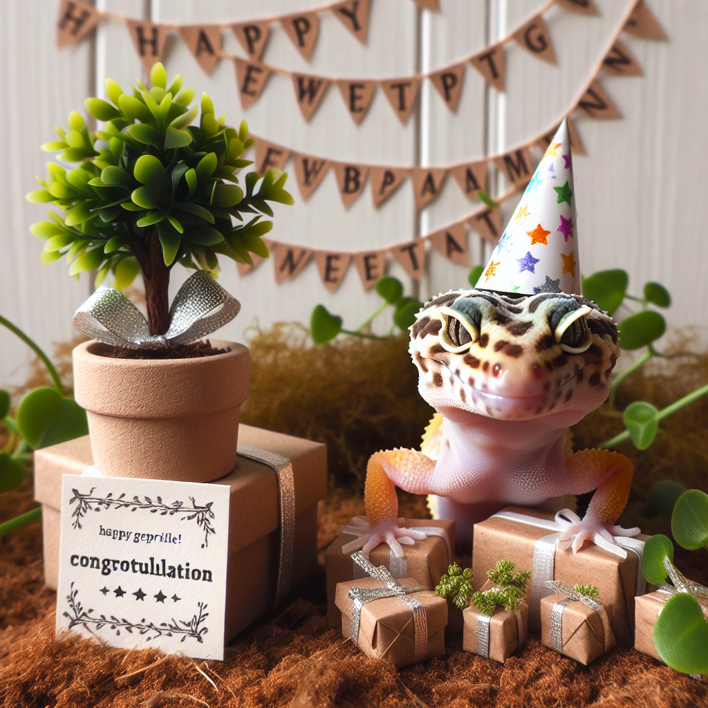 Generate a charming image of a satisfied leopard gecko wearing a tiny party hat, sitting proudly on top of a stack of housewarming presents next to a freshly-planted young tree. The setting is a delightful reptile home. The ambiance is one of comfort as plant vines adorned with diminutive congratulation banners wrap around the scene in a playful manner, symbolizing progress, accomplishment, and the joy of establishing a fresh dwelling.
Generated with these themes: Leopard Gecko, New home, and Plants.
Made with ❤️ by AI.