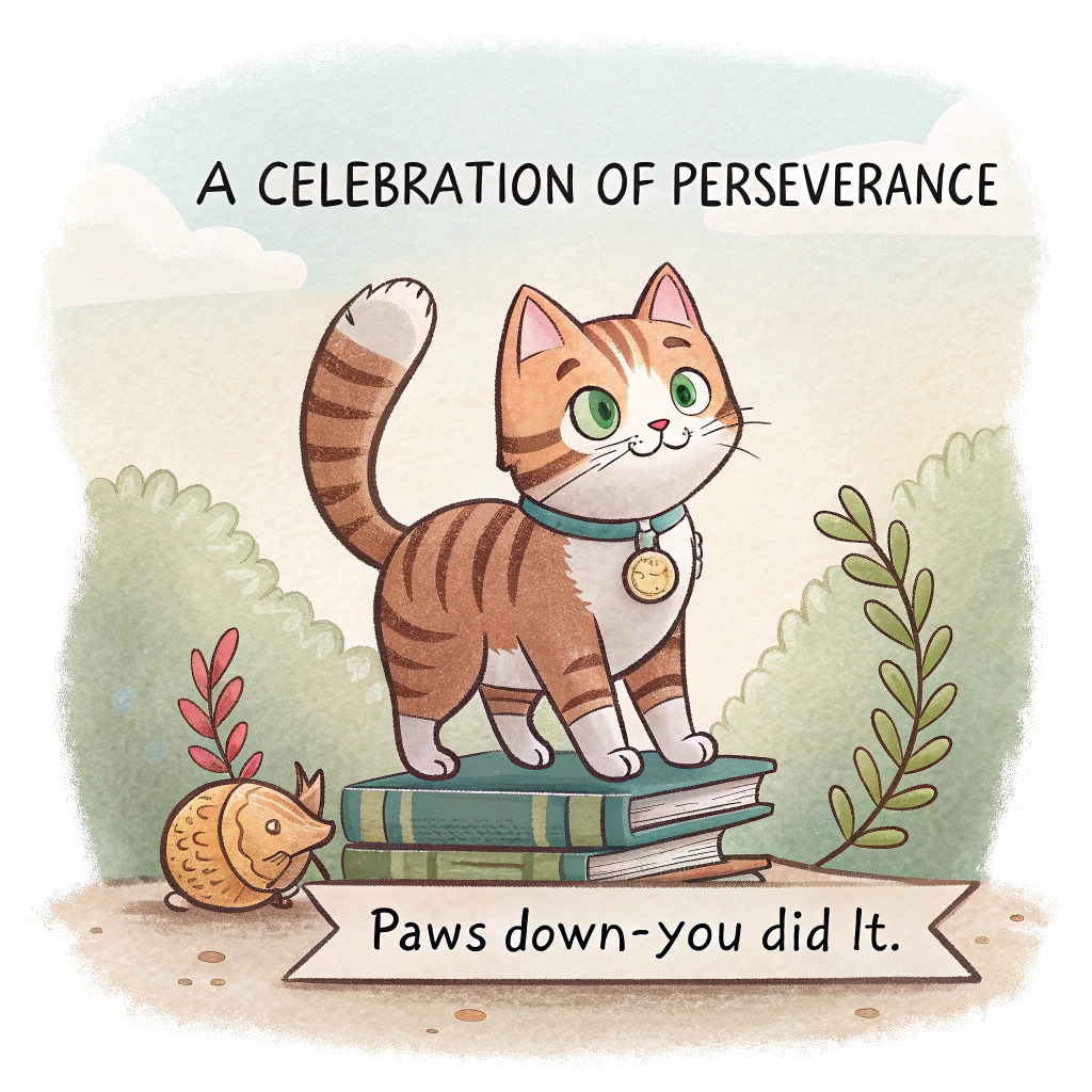 At the top of the Illustration Style image, "A Celebration of Perseverence"

At the bottom of the image, "Paws down—you did it."

Center a hand-drawn scene of their beloved ginger cat: a warm marmalade tabby with soft stripes, white chin, and bright green eyes, standing proudly on a small stack of well‑loved books like a podium. A tiny laurel‑wreath fish medal rests on its chest, and the tail curls into a gentle heart shape. Golden morning light streams through a simple window behind the cat, with drifting dust motes, a few subtle paw‑print confetti pieces, and a sprig of laurel framing the moment. Keep the composition balanced and text‑first: the headline as a bold, hand‑lettered arching ribbon at the top, ample negative space, and the punch‑line anchored at the bottom with two small illustrated paw prints. Use fine linework, textured brush strokes, and a warm, expressive palette of honey golds, marmalade oranges, terracotta, cream, and soft sage, with delicate ink hatching and visible paper grain for sincerity and depth.
Generated with these themes: Their beloved ginger cat, and .
Made with ❤️ by AI.