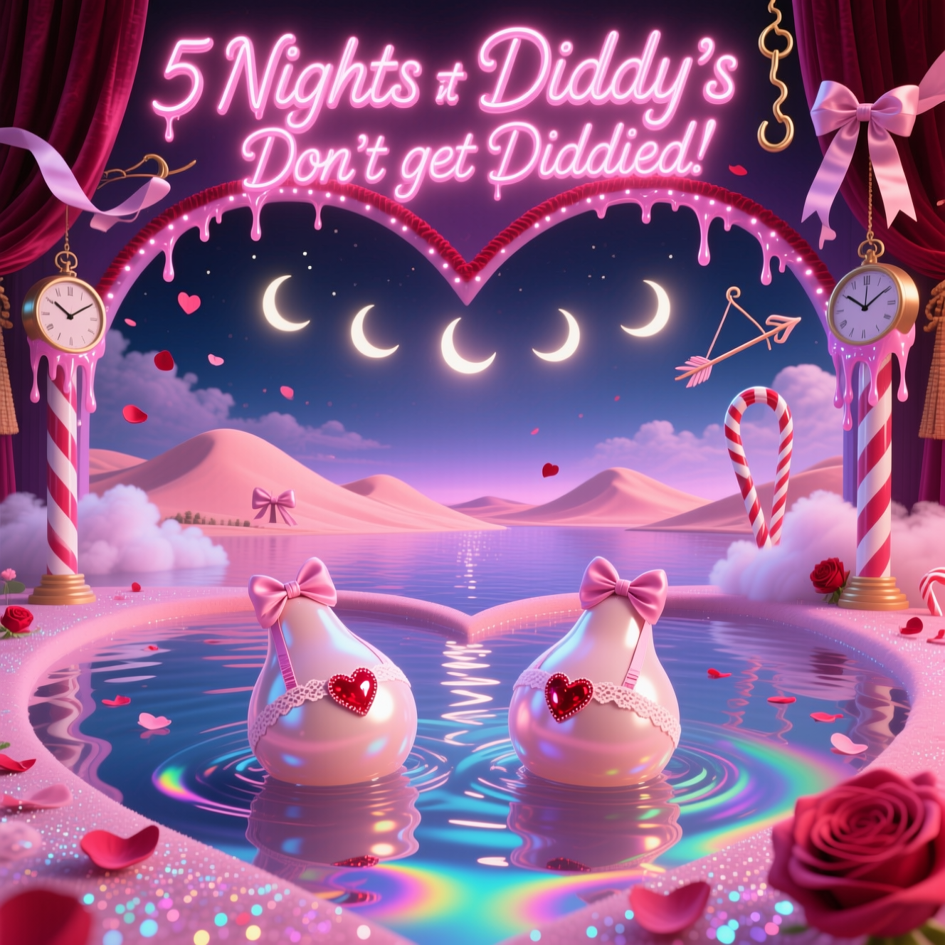 At the top of the Surreal Style image, 5 Nights at Diddy’s Don’t get Diddied

A Dali-inspired, dreamlike valentine nightscape: a vast, heart-shaped lake of iridescent “baby oil” gleams like liquid moonlight, its glossy ripples climbing upward in slow, gravity-defying drips. From the shimmering surface float two pearlescent, boobies-like balloon forms, cheeky and playful, tastefully covered with tiny ruby heart pasties and satin straps that catch the neon glow. Beyond them rise peach-toned, heart-shaped dunes suggestive of bums—smooth, sculptural, cinched with lacy ribbons and bows—melting subtly at the edges into surreal candy-clouds. On the horizon, five crescent moons hang in a row like stage lights, each softly melting over slender columns and casting long, elegant shadows. A velvet-rope archway shaped like a flamboyant double-D silhouette beckons into a mysterious club interior where rose petals drift, cupid arrows bend into hooks suspending silk ribbons, and melting clocks drape over candy-cane pillars. Ethereal lighting, hot-pink and lipstick-red with lavender and midnight blues, bathes the scene in oil-slick rainbow highlights; soft haze, glittering particles, and glossy textures amplify the naughty, playful mood. Render the title text as glowing, slightly melting neon script with a romantic halo; keep the rest text-free, image-first, bold, and cheekily surreal.
Generated with these themes: Baby oil, Boobies , Bums, 5 nights at diddys, and .
Made with ❤️ by AI.