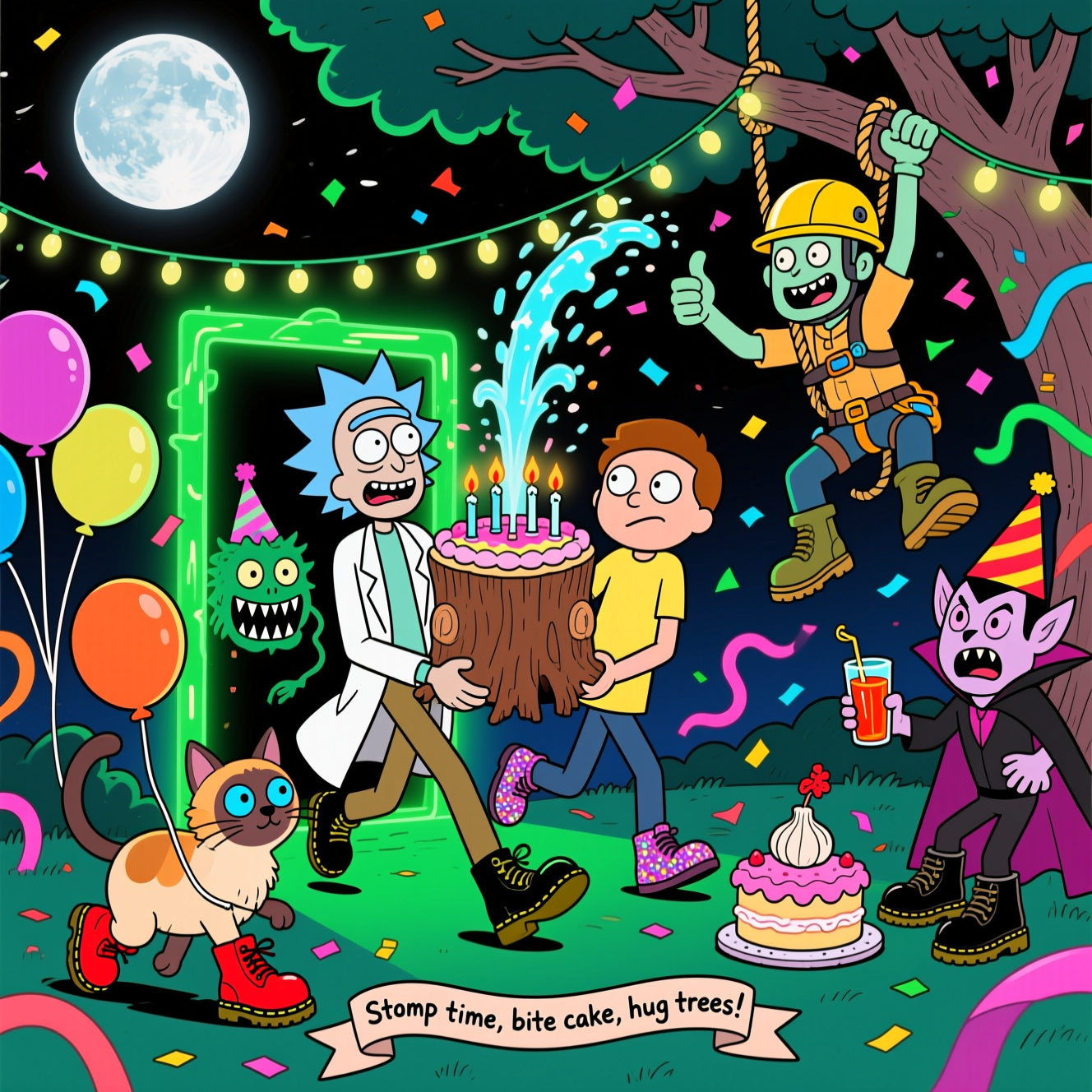 At the top of the Cartoon Style image, Happy Birthday to the best person on the planet

Big, playful, cartoon scene with exaggerated proportions, thick black outlines, and bright saturated colors. A moonlit tree-canopy party bursts with energy: Rick (spiky blue hair, white lab coat) and Morty (brown hair, yellow shirt) stride out of a glowing neon-green portal carrying a towering tree-stump birthday cake that’s sparkling with candles. Maury the Hormone Monster (PG, goofy grin) in glittery Doc Martin/Doc Martens-style boots and a party hat tosses confetti like a furry fountain. An arborist in a bright helmet and climbing harness dangles from a rope, stringing fang-shaped fairy lights between branches, giving a thumbs-up. In the foreground, an all-ginger Siamese cat with big blue eyes clomps around in oversized cherry-red Doc Martens boots, batting a balloon. Friendly cartoon vampires in capes and party hats cheer with blood-orange soda, some wearing chunky Docs; one winces playfully at a garlic-free cake topper. Balloons, streamers, and confetti swirl everywhere; dynamic, energetic poses; bold cel shading; portal glow greens, magenta and cyan highlights, high-contrast flat colors, clean, punchy composition.

At the bottom of the image, a small hand-lettered ribbon reads: Stomp time, bite cake, hug trees!
Generated with these themes: Doc Martin Boots, Rick and Morty, Maury the Hormone Monster from Big Mouth, An all Ginger siamese cat, An Arborist, Vampires, and .
Made with ❤️ by AI.