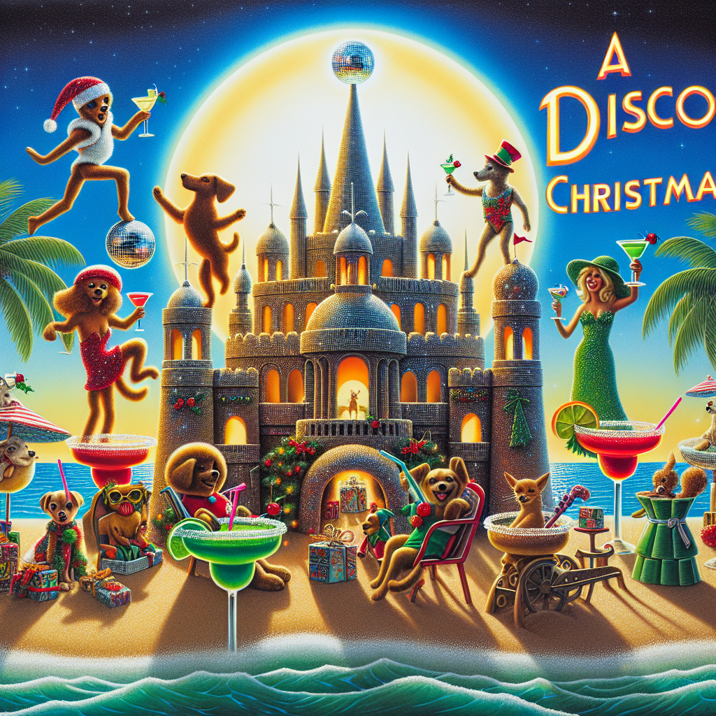 A tropical Christmas party on a glittery beach, complete with a disco-ball sun setting over the sea. Cartoon pets in holiday gear groove to disco tunes, clinking their margarita cocktails. In the center, a sandcastle topped with a disco ball and the message 'A disco Christmas!' in bold letters.
Generated with these themes: Disco, pets, beaches, sparkles, margarita cocktails.
Made with ❤️ by AI.