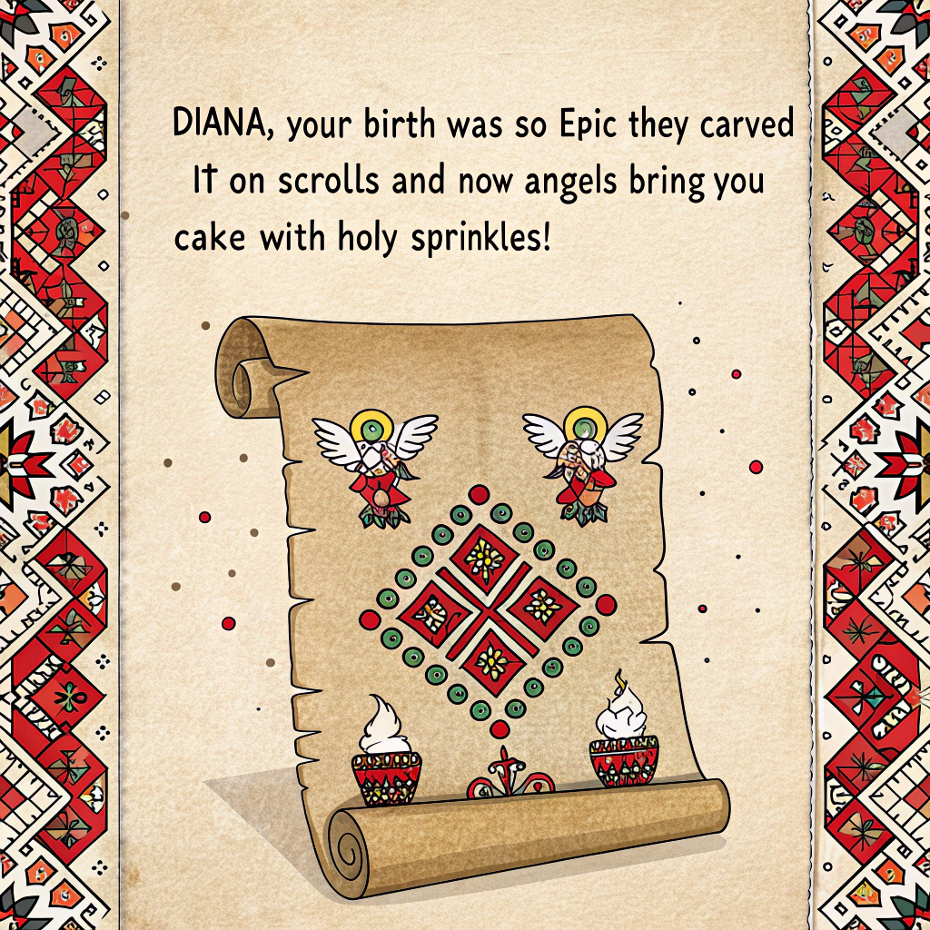 At the top of the image, "Diana, your birth was so epic they carved it on scrolls—and now angels bring you cake with holy sprinkles!"

- Create a humorous vector-style image resembling an ancient scroll, aged and parchment-toned, unfurling vertically.
- Around the borders of the scroll, include intricate Ukrainian embroidery patterns in bold red, black, and white thread-style designs for an authentic folk-art vibe.
- In the center of the scroll, illustrate a delightfully ridiculous scene of two cherub-like angels (tiny wings, oversized halos) flying awkwardly while balancing a giant, over-the-top birthday cake stacked with candles, glitter, and a suspicious amount of frosting.
- One angel should look overly proud of the cake while the other is clearly panicking, mid-flight, as icing splatters everywhere.
- Include golden rays and musical notes floating behind them to add celestial flair, but with a tongue-in-cheek expression—as if the whole moment is being taken way too seriously by the heavens.
- Subtle birthday balloons or confetti in the sky behind the scroll add a final dash of ridiculous celebration.
Generated with these themes: Looks like an ancient scroll with a big text, Angels deliver birthday cake, and Ukrainian enbroidery on the borders.
Made with ❤️ by AI.