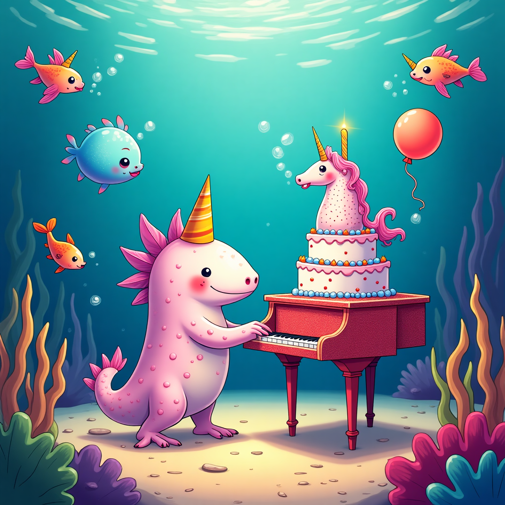 Axolotyl, Piano, Cake , and Unicorn Birthday Card