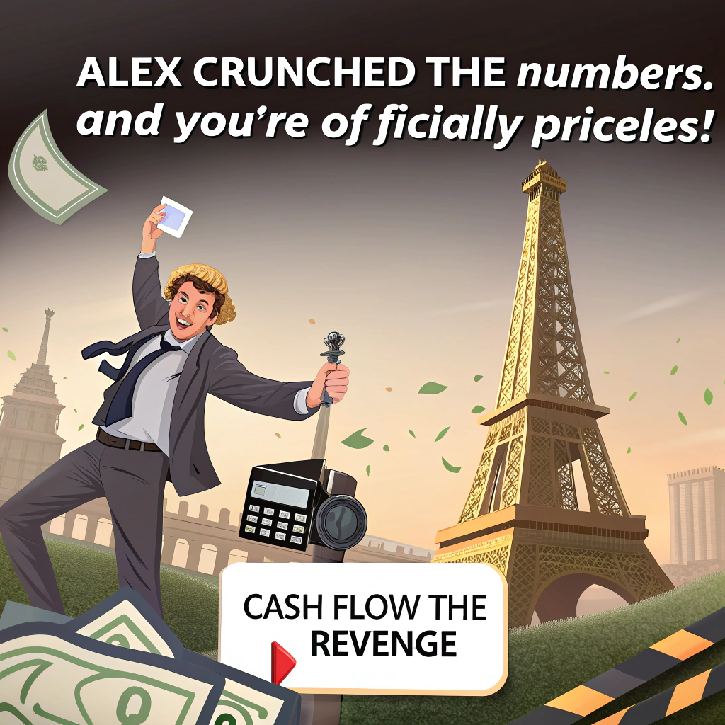 At the top of the image, "Alex crunched the numbers... and you're officially priceless!"

- In the center of the image, show a realistic, funny scene of Alex — a well-dressed accountant wearing a birthday hat — standing triumphantly between two landmarks: the Eiffel Tower and Big Ben.  
- He's on a film set where he's pretending to star in an over-the-top action movie titled "Cash Flow: The Revenge", holding a calculator like it's a secret agent gadget.  
- Euros and Pounds are raining down from the sky like confetti, while actors dressed as dramatic French waiters and stiff-upper-lip British guards cheer him on.  
- A cake shaped like a briefcase full of money sits beside him with sparklers exploding out.  
- Behind Alex, a large movie clapperboard says "Scene: Another Fabulous Birthday, Take 38!"  

At the bottom of the image, add: "From London to Lyon — no one balances budgets and birthday cake quite like you!"
Generated with these themes: Accountant called alex, Happy birthday, France, London, Acting, Money, and Celebrating .
Made with ❤️ by AI.
