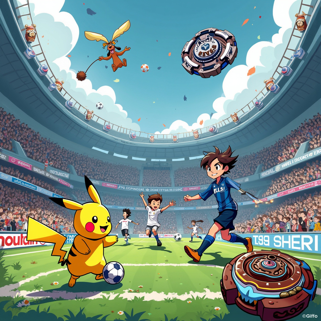 In the vibrant front cover scene of our birthday greeting card, a thrilling cross-over event is taking place at an imaginative stadium that merges a soccer field with a Beyblade battle arena. The field is divided into two sections: one side adorned with Real Madrid's iconic white and gold colors and the other side resplendent in Manchester City's sky blue and white.

On the left side, Pikachu, dressed in a miniature Real Madrid jersey, is seen dribbling a soccer ball. Pikachu's cheeks are sparking with electric excitement, and his tail is shaped like a lightning bolt ready to strike. Running beside him is a manga-style character with exaggerated, dramatic expressions and dynamic movement lines, capturing the essence of Osamu Tezuka's manga influence.

On the right side, a giant Beyblade stadium sits prominently, and the blades are designed like Poké Balls and soccer balls. Two Beyblade tops, one decorated with Nutella jars and the other with Pokémon, clash in the center. The Nutella-themed Beyblade is depicted with a creamy swirl and chocolatey details, while the Pokémon-themed one features a colorful array of Pokémon faces.

In the background, manga-style Real Madrid and Manchester City players are engaged in a fierce soccer match. Their movements are captured with exaggerated action lines reminiscent of Will Eisner's dynamic scenes. Hergé's influence can be seen in the clear, bold outlines and detailed facial expressions.

Standing on the sidelines, a Calvin and Hobbes-inspired character is holding a jar of Nutella in one hand and a spoon in the other, wearing a bewildered expression. Nearby, a large, playful banner reads "Happy Birthday!" in a mix of manga characters and soccer-themed fonts.

Overhead, a Goofy-like character with oversized ears and a big, toothy grin is flying a small plane, trailing a banner that reads "Birthday Bash!" in Gary Larson's whimsical style. The crowd in the stands is a mixture of Pokémon characters, manga-style fans, and classic cartoon characters cheering wildly, adding to the scene's eclectic and festive energy.

The entire scene is rendered in vibrant colors, with meticulous attention to detail and a playful, energetic composition that draws inspiration from all the mentioned artists without directly copying their styles. This unique blend of themes and artistic influences creates a delightful and memorable birthday card cover.
Generated with these themes: Real madrid, Manchester city, Soccer, Beyblade, Pokemon, Nutella, and Manga.
Made with ❤️ by AI.