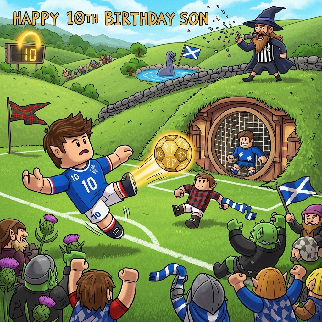 At the top of the Cartoon Style image, Happy 10th Birthday Son

A funny, high-energy cartoon mash‑up: a Roblox-style, blocky kid striker in a Rangers FC–inspired blue kit (bright blue jersey with white-and-red trim, number 10) mid–bicycle kick, blasting a glowing golden football engraved with whimsical Elvish runes toward a round Hobbit‑hole goal built into a grassy Scottish hillside. Exaggerated proportions, chunky limbs, thick black outlines, and saturated colors. The pitch is Shire‑meets‑Scotland: rolling emerald hills dotted with purple thistles, a low stone wall, a tartan corner flag snapping in the breeze, and a tiny loch where a cheeky Nessie fin waves a blue-and-white Saltire. On the touchline, a friendly wizard referee with a towering pointy hat and comically long beard blows a whistle that shoots confetti. Goofy orc defenders in mismatched kits slip and tumble, while cheering hobbits, dwarves, and blocky Roblox villagers wave blue scarves and Scottish flags. A golden ring–shaped scoreboard glows with a big “10.” Bright, punchy lighting, dynamic motion lines, and whimsical, energetic poses throughout.

At the bottom in a small, playful caption: One goal to rule them all!
Generated with these themes: Football ,the hobbit,lord of the rings,rangers fc,scotland,roblox,, and .
Made with ❤️ by AI.