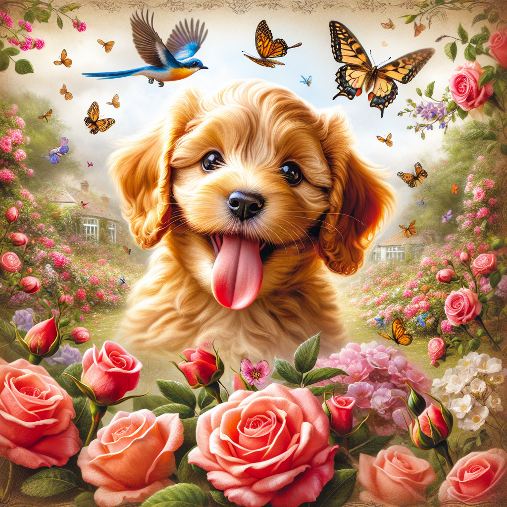 Create an image of an exuberant golden Cockapoo puppy with its tongue out, epitomizing a lively and spirited ambiance. The puppy stands against the enchanting backdrop of a rose-filled garden, highlighted by fluttering butterflies and melodious birds in the blossoms. Every rose and creature brims with detail, establishing the radiating happiness of the setting. Subtly incorporated into the serene landscape, the term 'Nanna' is scripted in a delicate cursive font, indicating that this warm and touching birthday celebration scene is devoted to a cherished grandmother.
Generated with these themes: Gold Cockapoo puppy with tongue out, Butterflies, Garden of roses, Birds, and Nanna.
Made with ❤️ by AI.