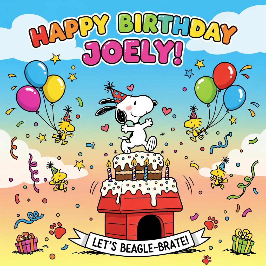 At the top of the Cartoon Style image, “Happy Birthday Joely!” in chunky rainbow balloon letters with thick black outlines and a soft white glow.

A cute, playful scene featuring Snoopy mid-dance atop a giant red doghouse turned into a frosted birthday cake, striped candles glowing and colorful sprinkles flying. Snoopy wears a tiny polka-dot party hat, ears flapping, big smile, and little heart-shaped blush marks. Woodstock and a few tiny yellow bird friends zip around with mini party hats, carrying strings of balloons and tossing confetti. Surround them with bright, saturated colors, thick outlines, and whimsical energy: swirling streamers, star sparkles, and balloons in cyan, magenta, lemon yellow, lime, and tangerine. Background is a sunny sky gradient from candy blue to warm peach, full-bleed, with generous headroom for the top text; central composition with exaggerated proportions and bouncy motion lines. Soft, cheerful lighting with glossy highlights on balloons and cake frosting, and a subtle shadow beneath the doghouse cake. Small secondary caption near the bottom on a curved ribbon: “Let’s beagle-brate!” in playful script with a bold outline. Add tiny paw-print confetti and a couple of gift boxes with big bows, keeping the overall mood ultra-cute and celebratory.
Generated with these themes: Snoppy, and .
Made with ❤️ by AI.